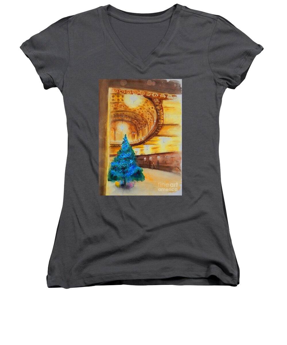 Theater Women's V-Neck featuring the painting Blue And Gold - Michigan Theater In Ann Arbor by Yoshiko Mishina