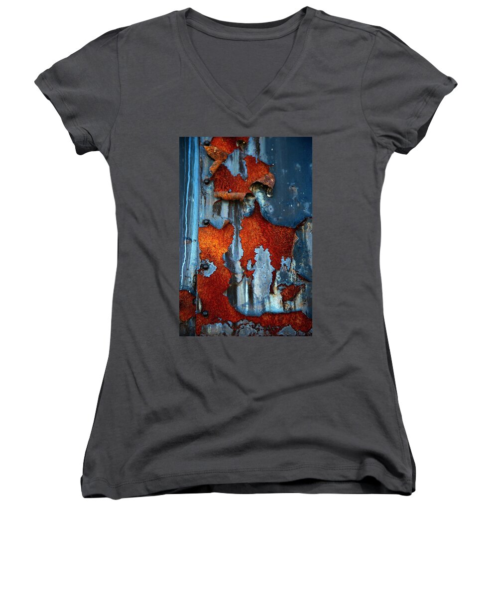 Rusty Pieces Women's V-Neck featuring the photograph Blue And Rust by Karol Livote