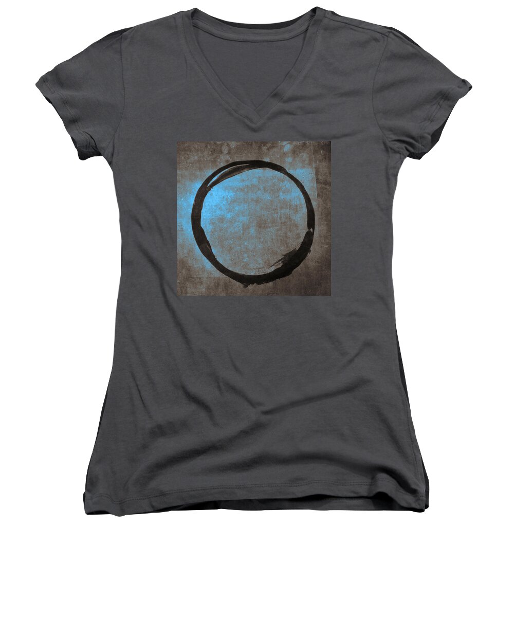Blue Women's V-Neck featuring the painting Blue Brown Enso by Julie Niemela