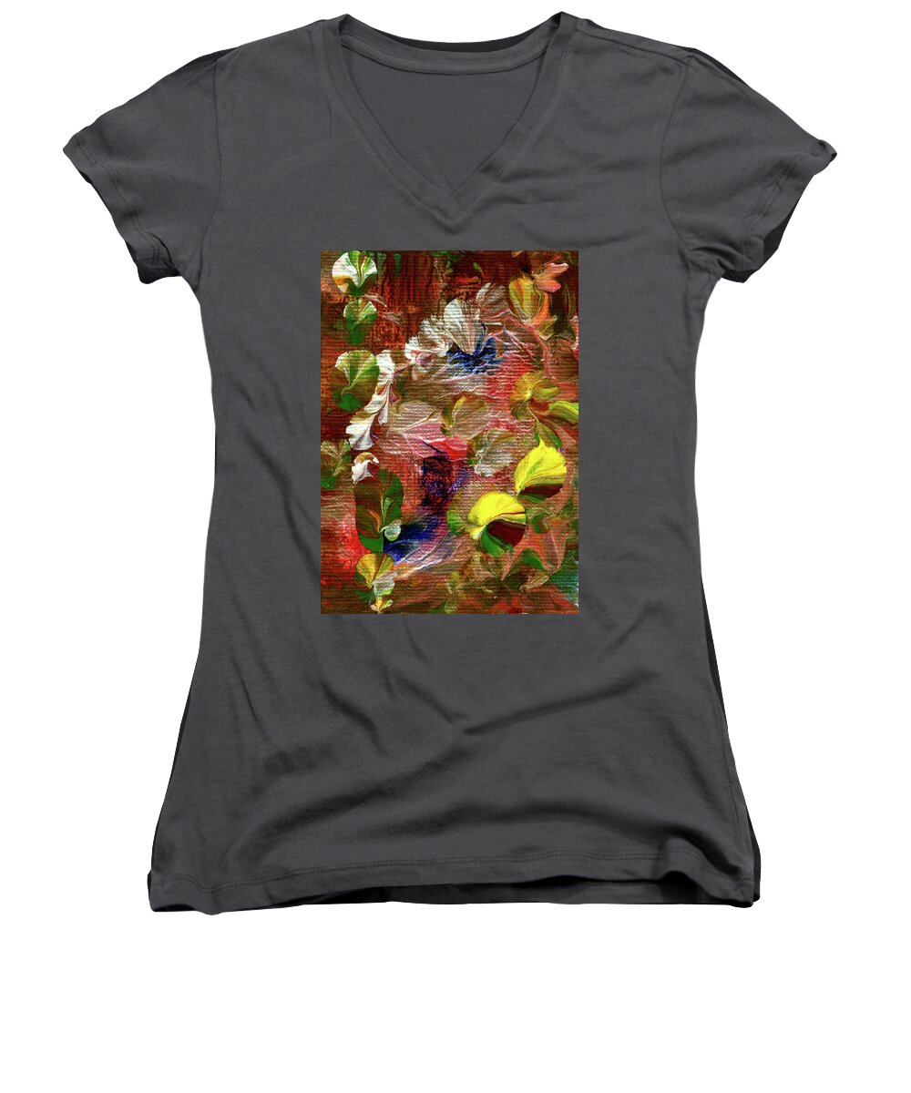 Blue Women's V-Neck featuring the painting Blue Butterfly Jungle by Nan Bilden