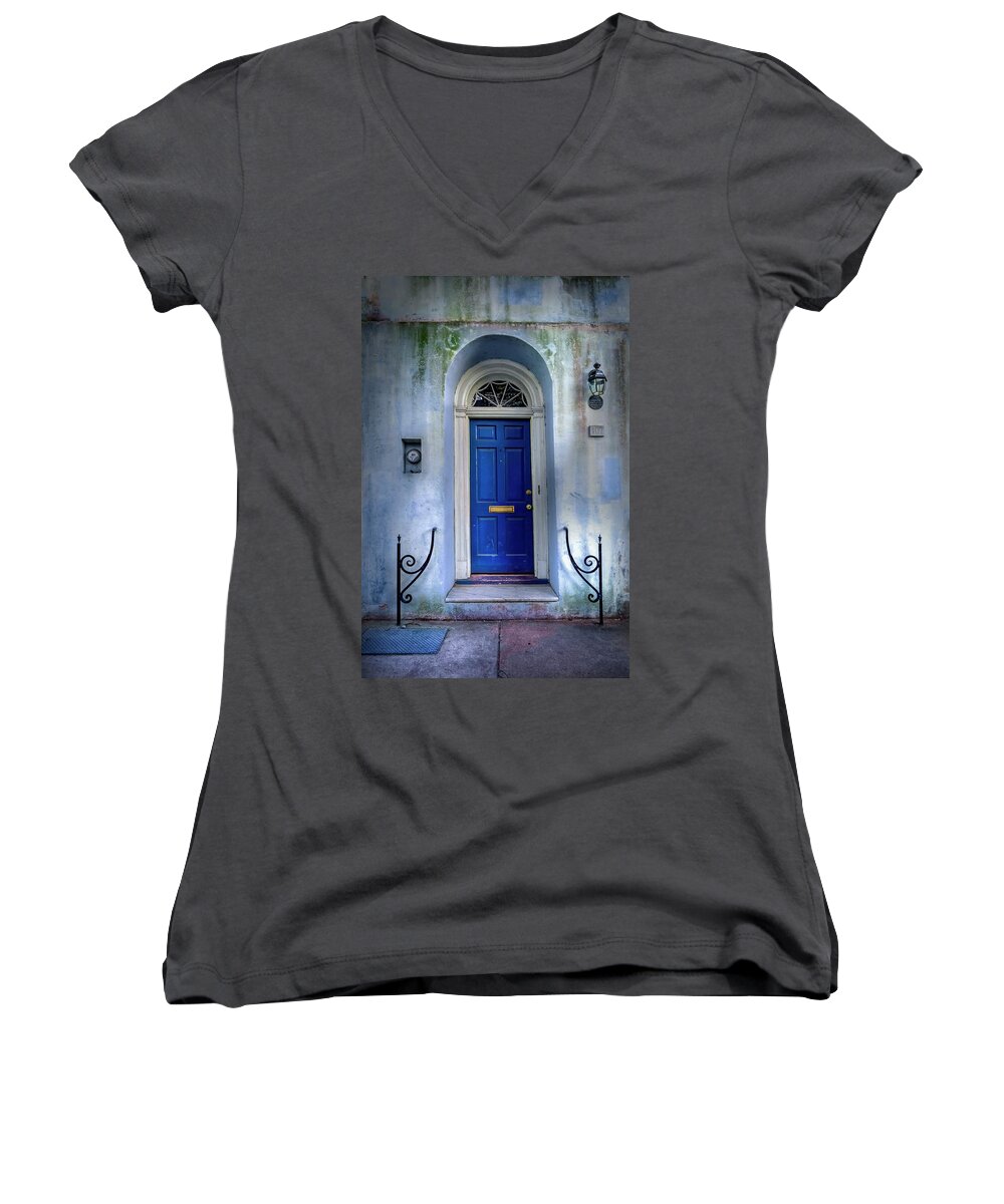 Door Women's V-Neck featuring the photograph Blue Door by Harriet Feagin