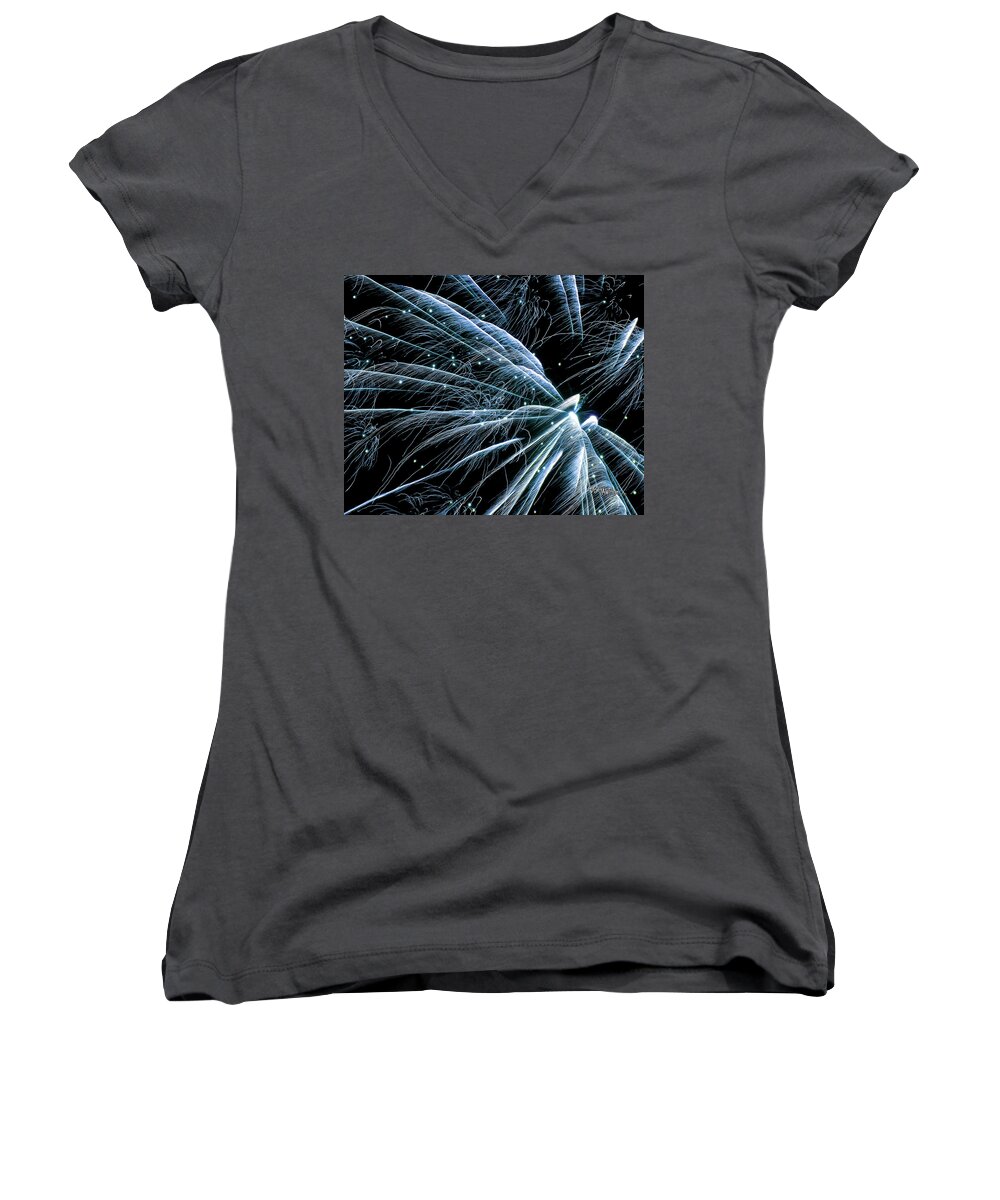 Fireworks Women's V-Neck featuring the photograph Blue Fairy Fireworks #0710_3 by Barbara Tristan