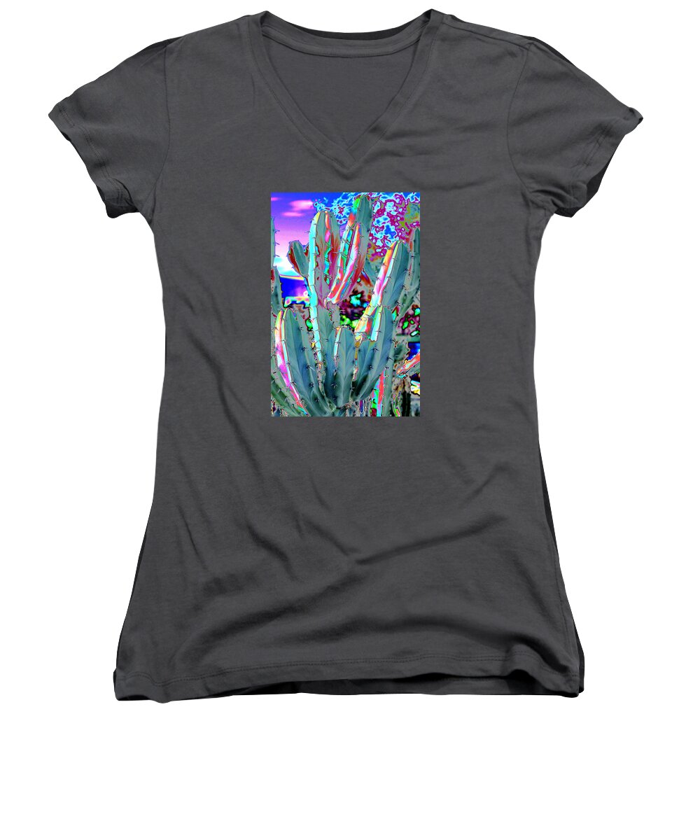 Cactus Women's V-Neck featuring the photograph Blue Flame Cactus Abstract by M Diane Bonaparte