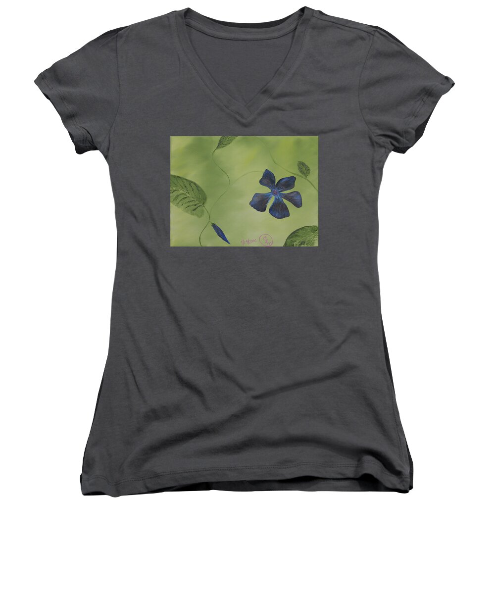 Fine Art Women's V-Neck featuring the painting Blue Flower on a Vine by Stephen Daddona