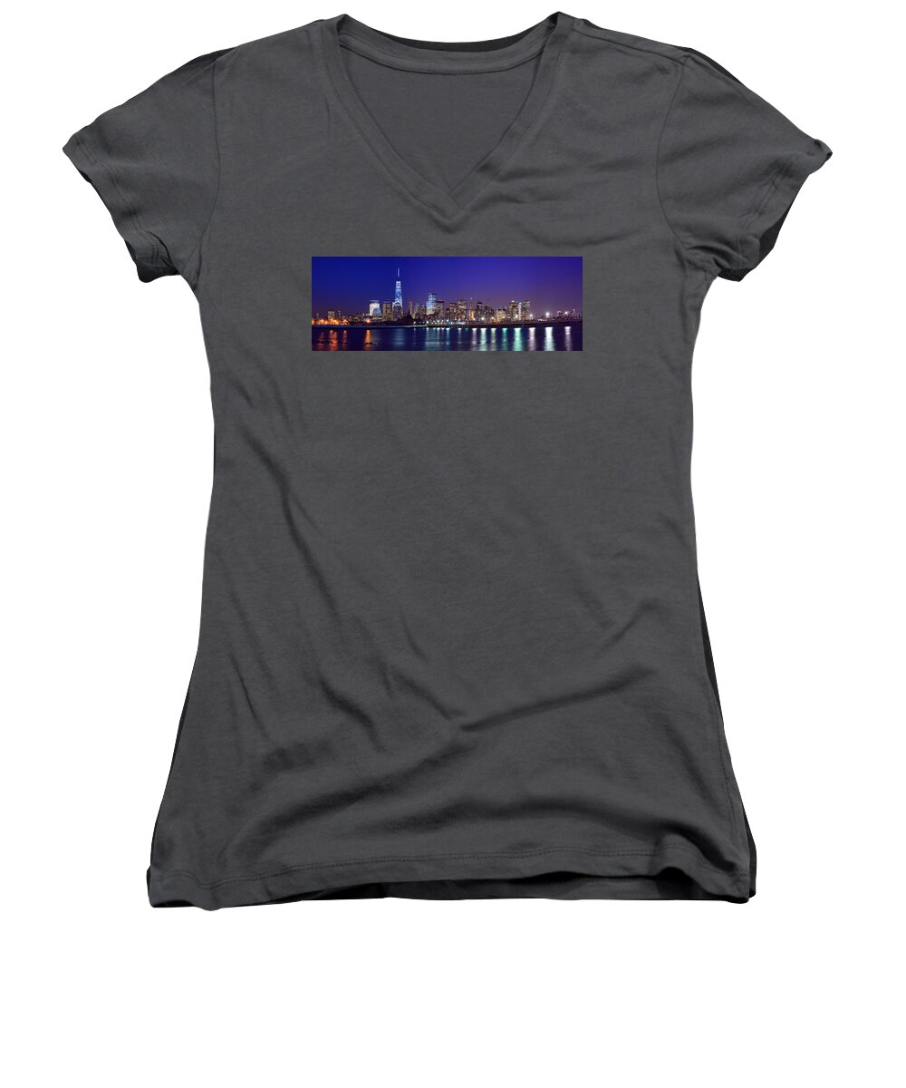 Blue Hour Panorama World Trade Center Women's V-Neck featuring the photograph Blue Hour Panorama New York World Trade Center with Freedom Tower from Liberty State Park by Raymond Salani III