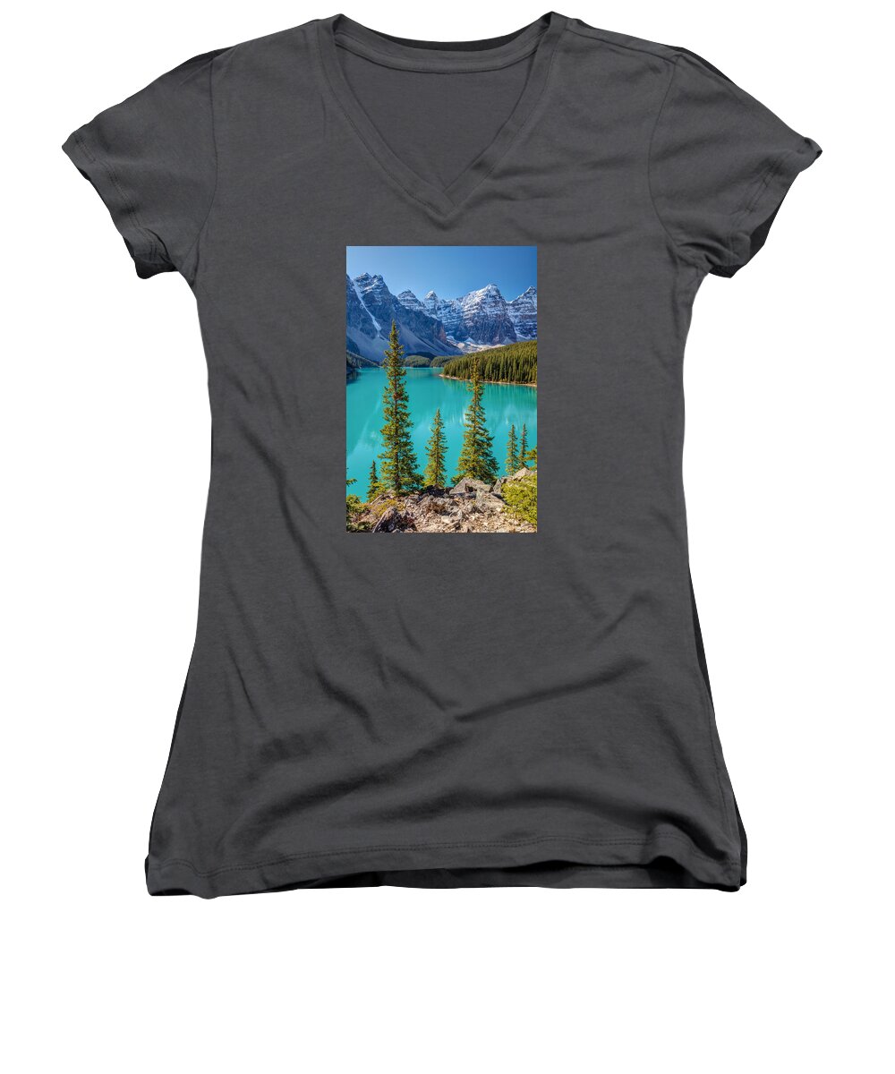 Moraine Lake Women's V-Neck featuring the photograph Blue Moraine Lake by Pierre Leclerc Photography