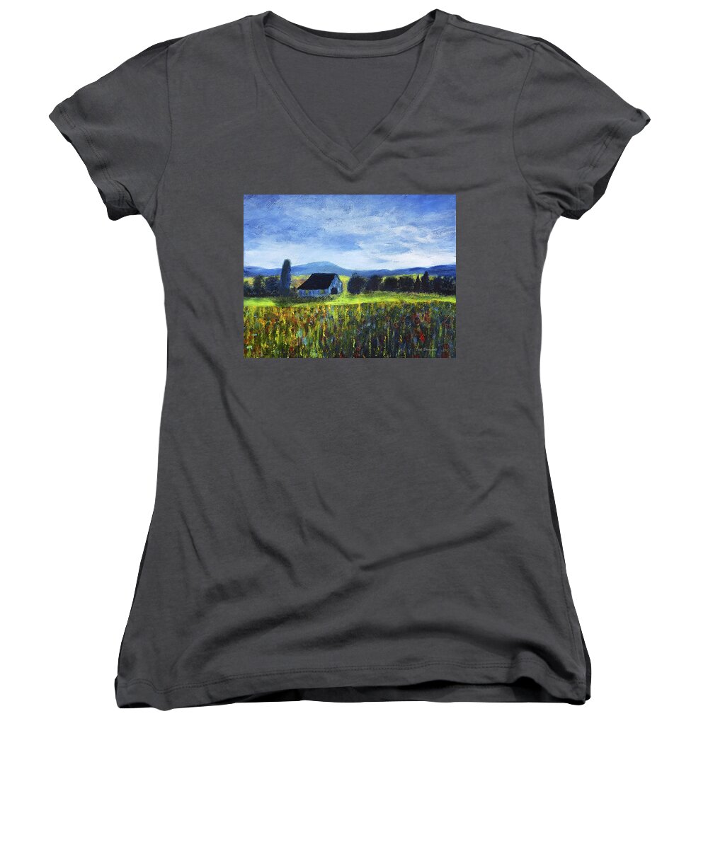 Barn Women's V-Neck featuring the painting Blue Ridge Valley by Dick Bourgault