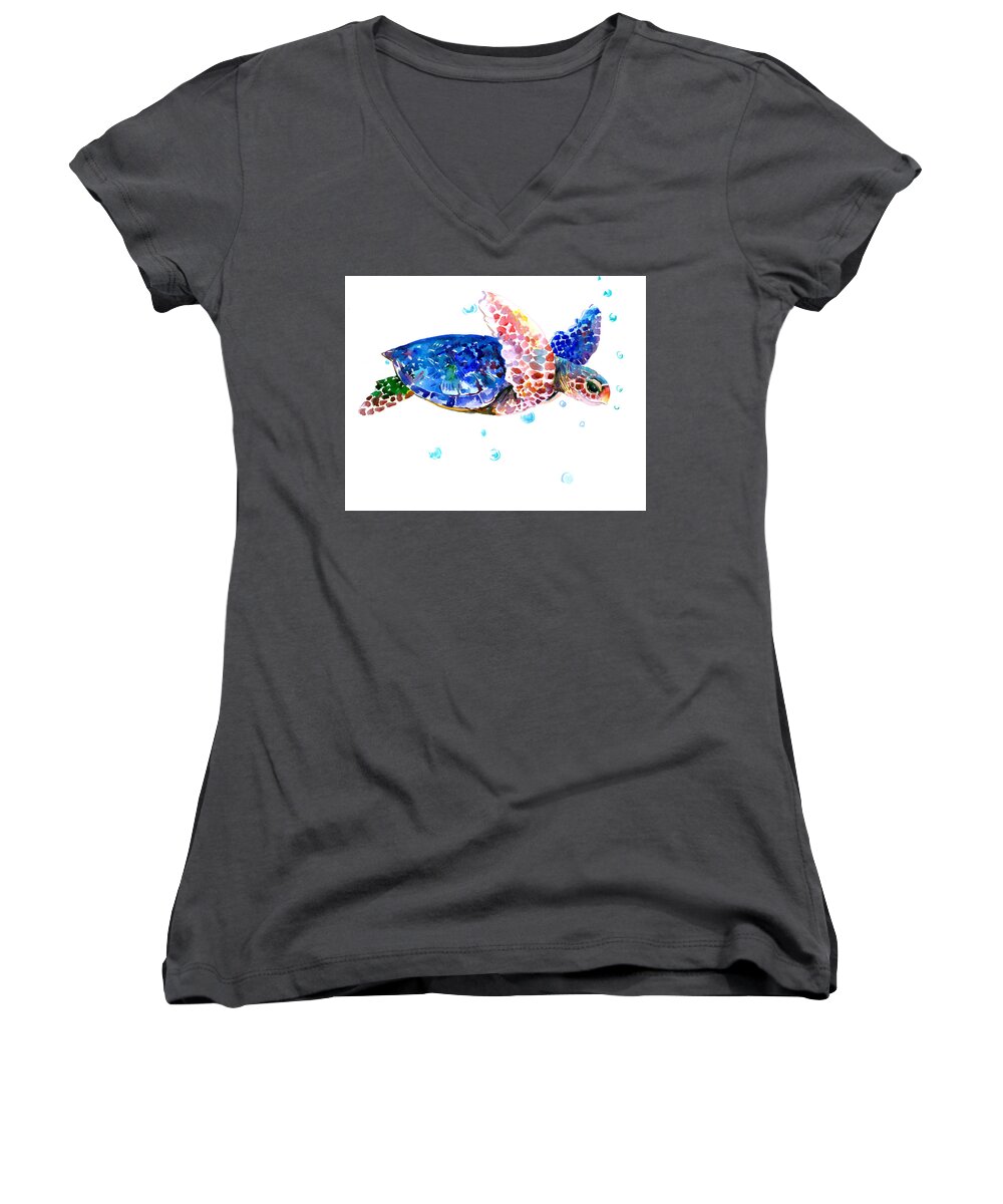 Sea Turtle Women's V-Neck featuring the painting Blue Sea Turtle by Suren Nersisyan