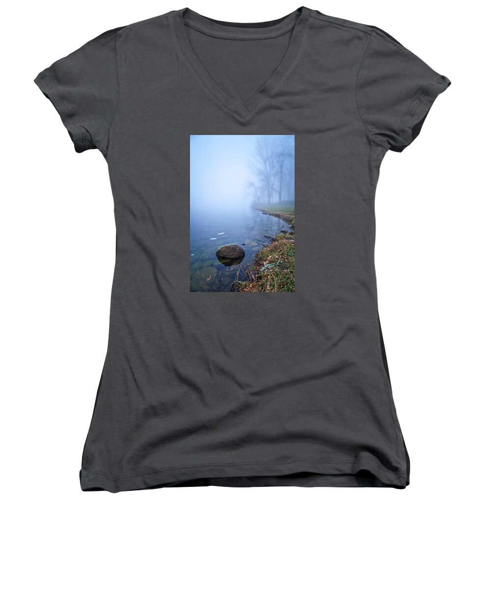 Lake Women's V-Neck featuring the photograph Blue Shore Fog by Alan Raasch