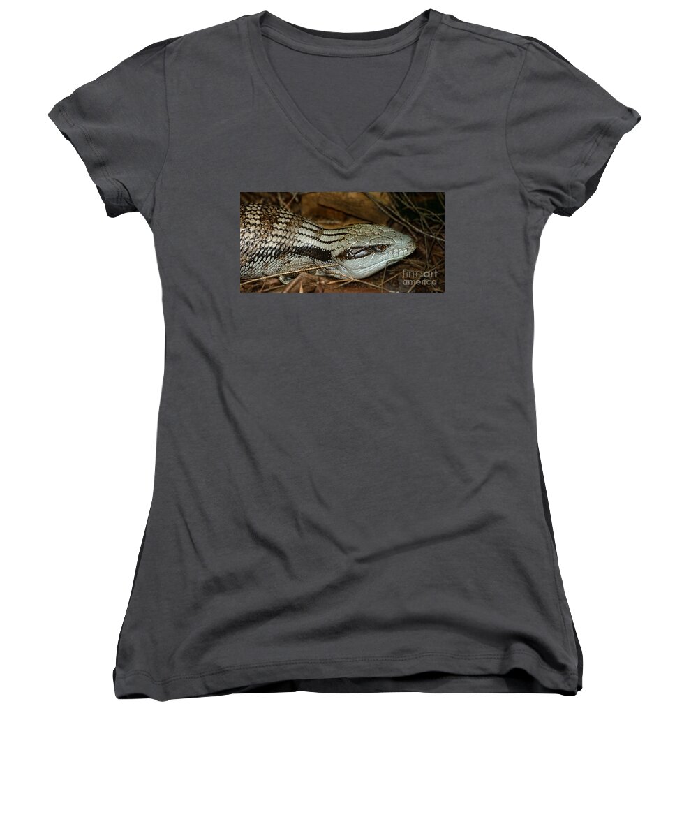 Photography Women's V-Neck featuring the photograph Blue Tongue Lizard by Kaye Menner by Kaye Menner