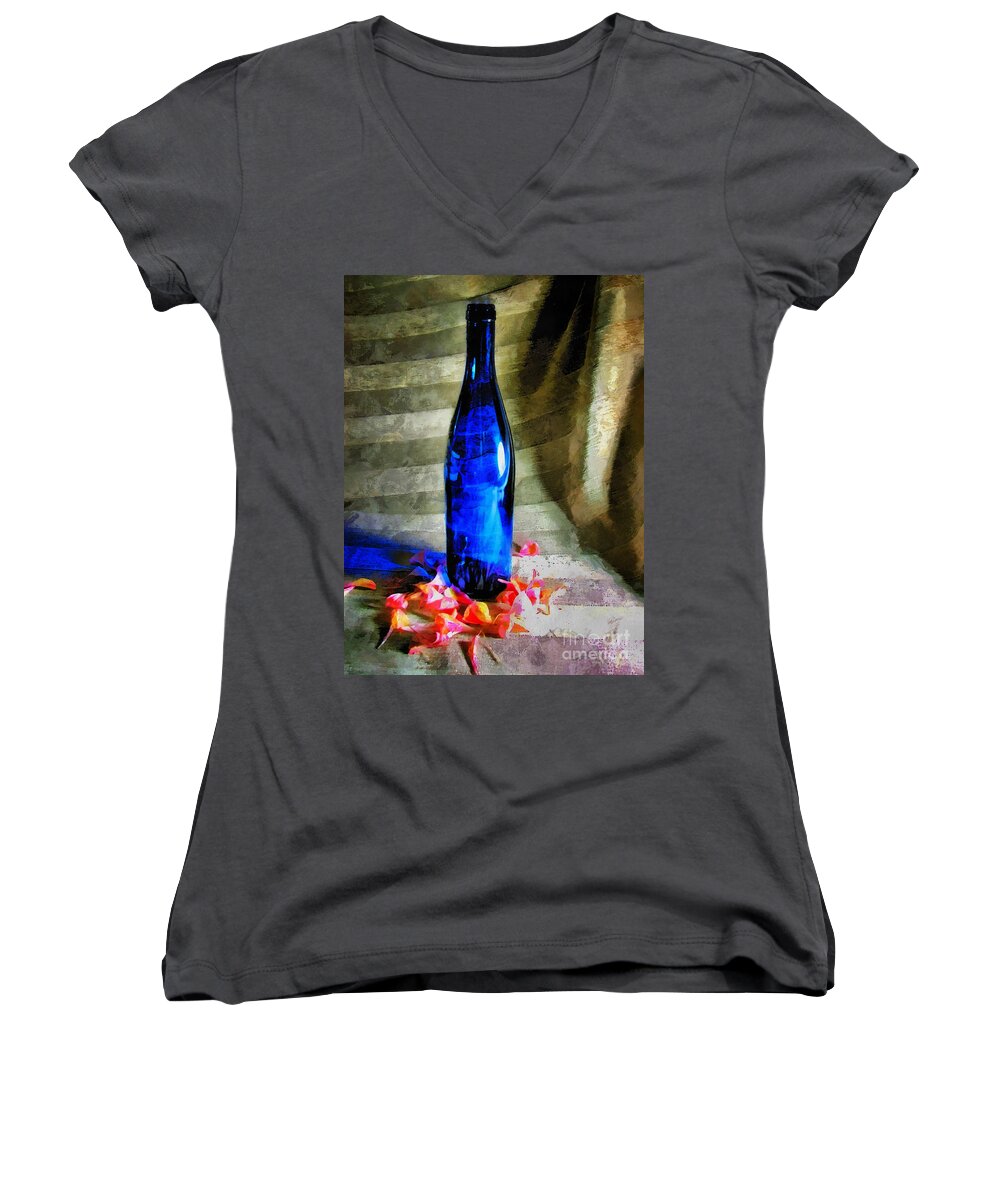 Bottle Women's V-Neck featuring the photograph Blue Wine Bottle by Todd Blanchard