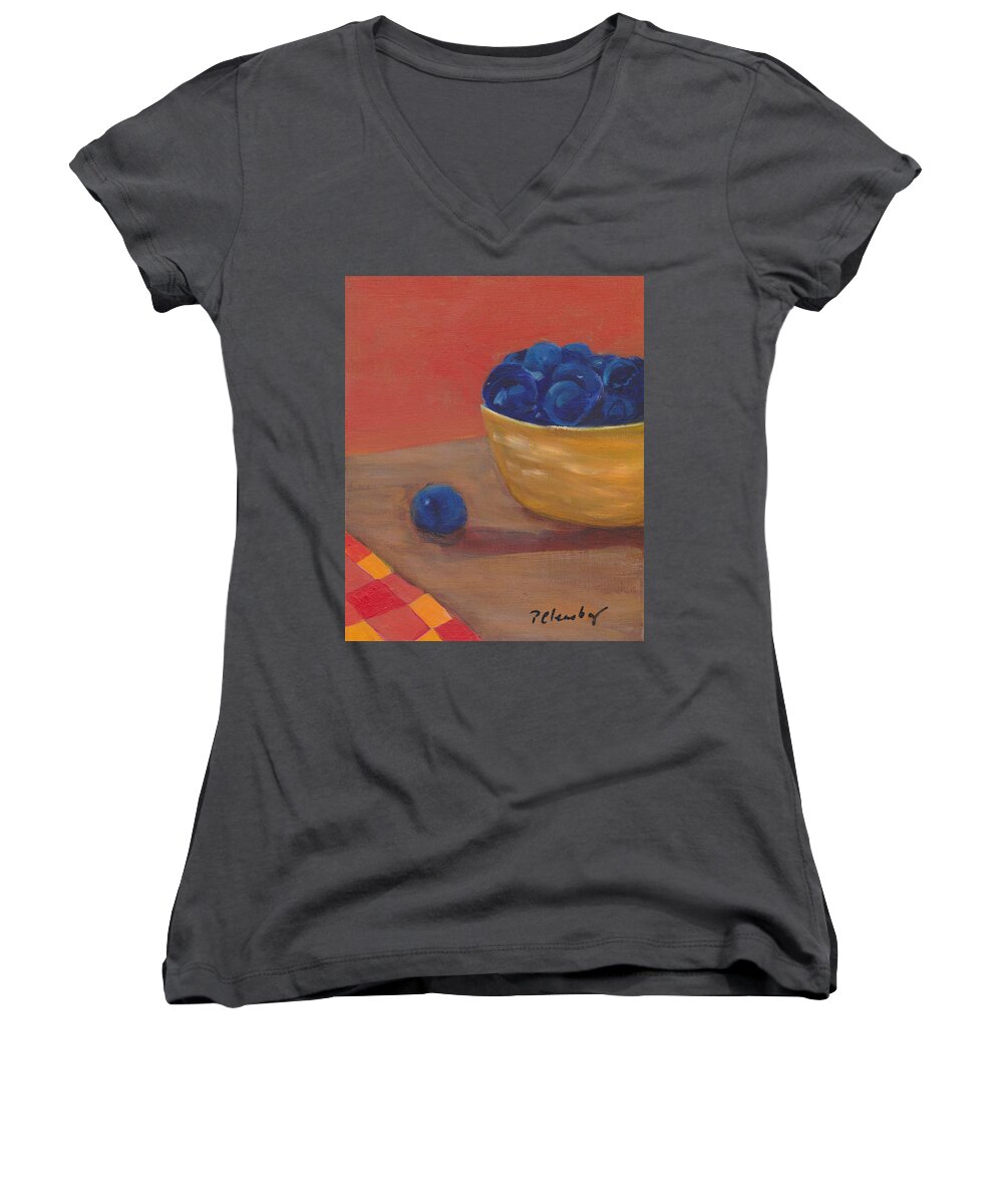 Blueberries Women's V-Neck featuring the painting Blueberries Yellow Bowl by Patricia Cleasby