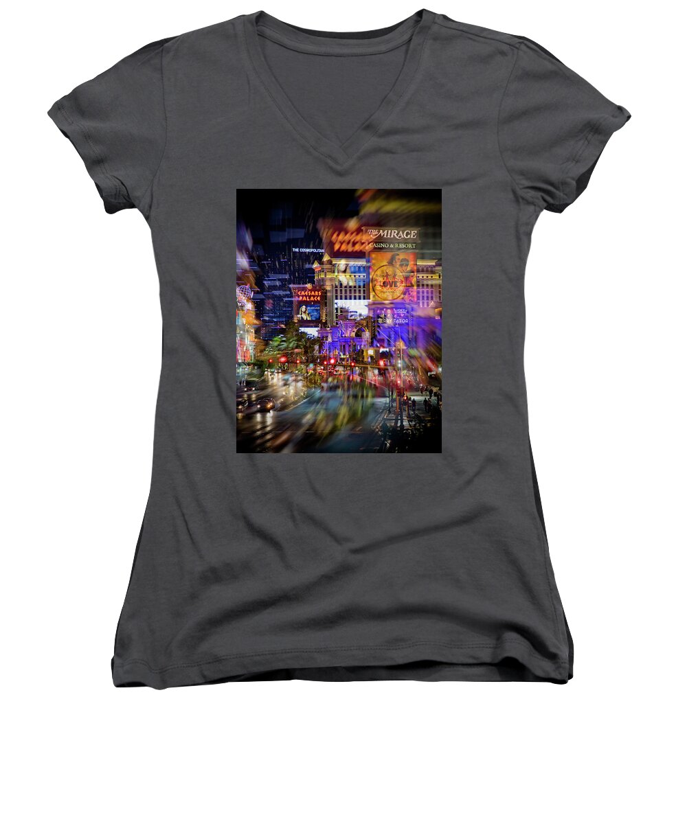  Las Women's V-Neck featuring the photograph Blurry Vegas Nights by Ricky Barnard