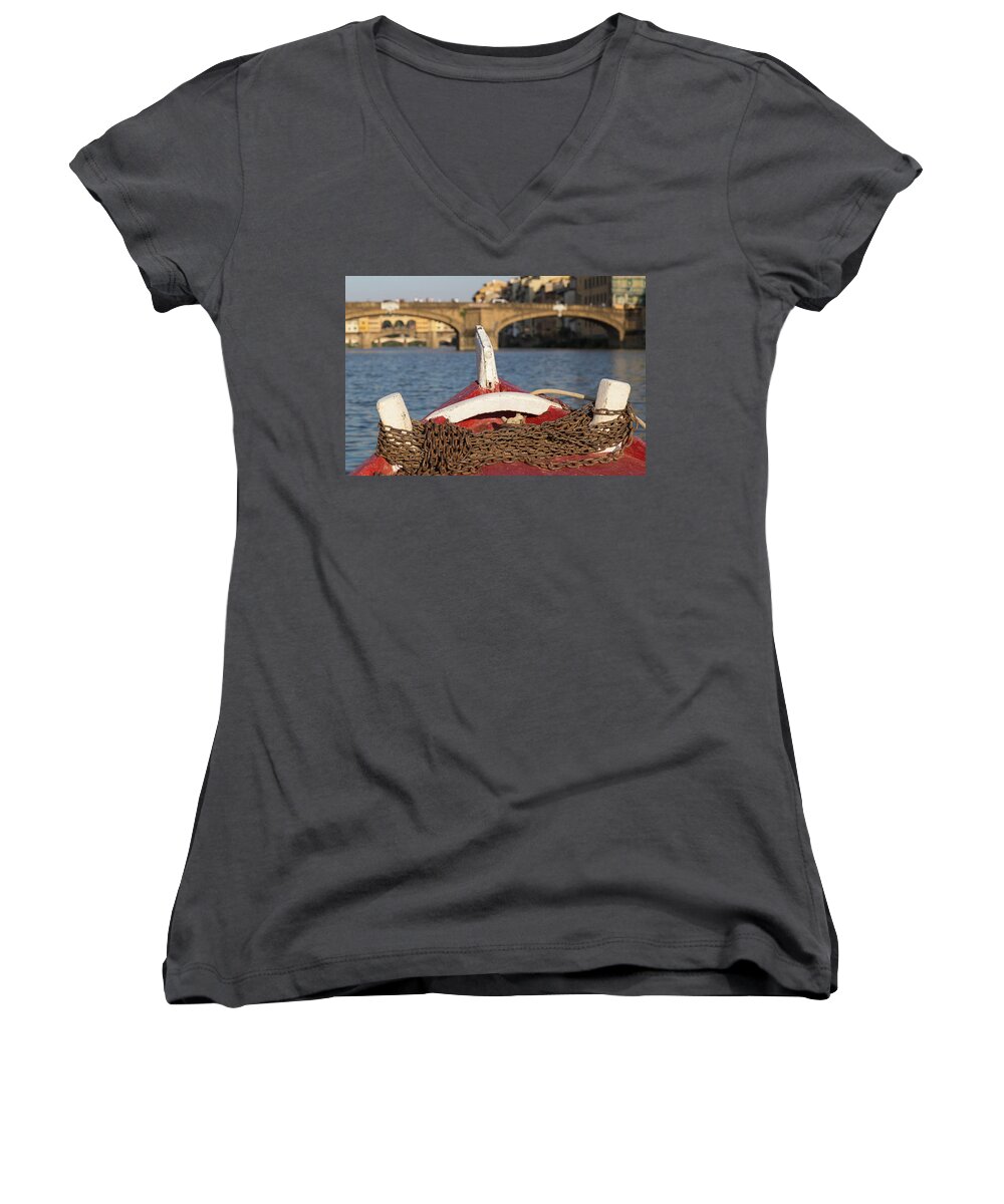 Arno River Women's V-Neck featuring the photograph Boat on the Arno River, by Patricia Schaefer