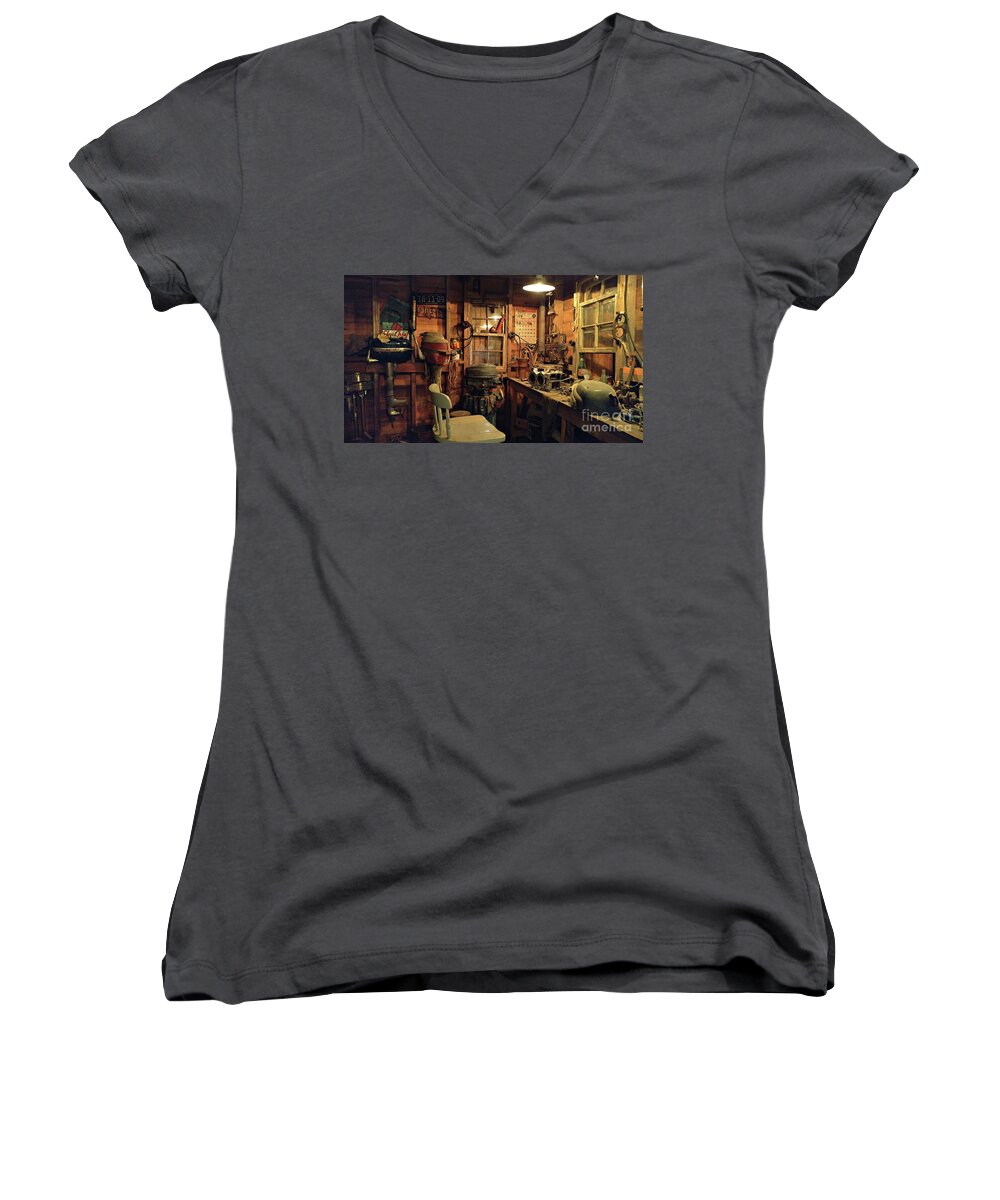 North Carolina Maritime Museum Women's V-Neck featuring the photograph Boat Repair Shop by Benanne Stiens