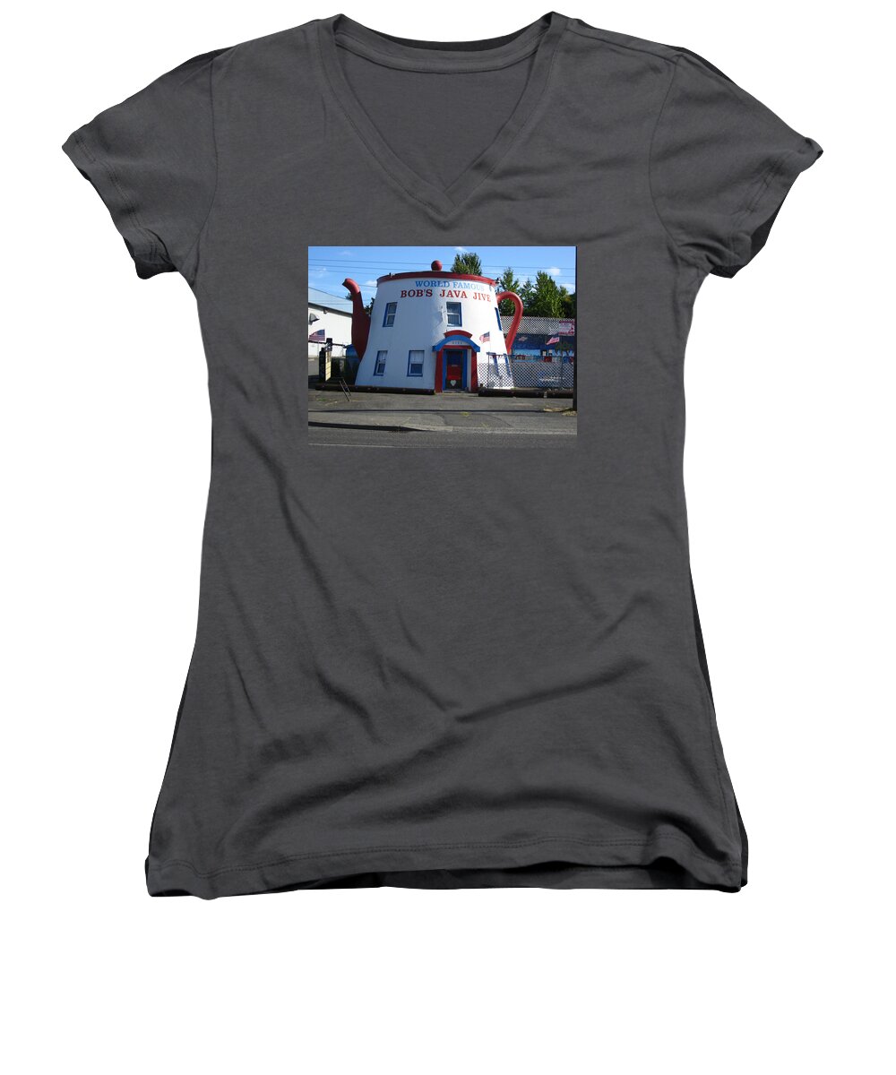 World Famous Women's V-Neck featuring the photograph Bob's Java Jive Coffee Pot by Kym Backland
