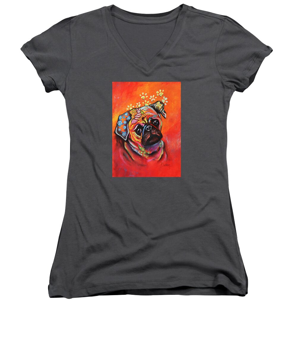 Pug Art Print Women's V-Neck featuring the mixed media Pug by Patricia Lintner