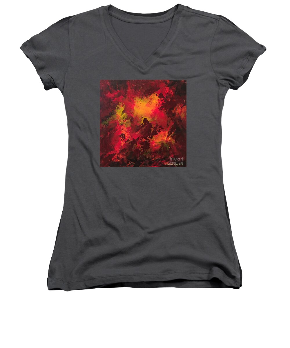 Abstract Women's V-Neck featuring the painting Bonfire by Claire Gagnon