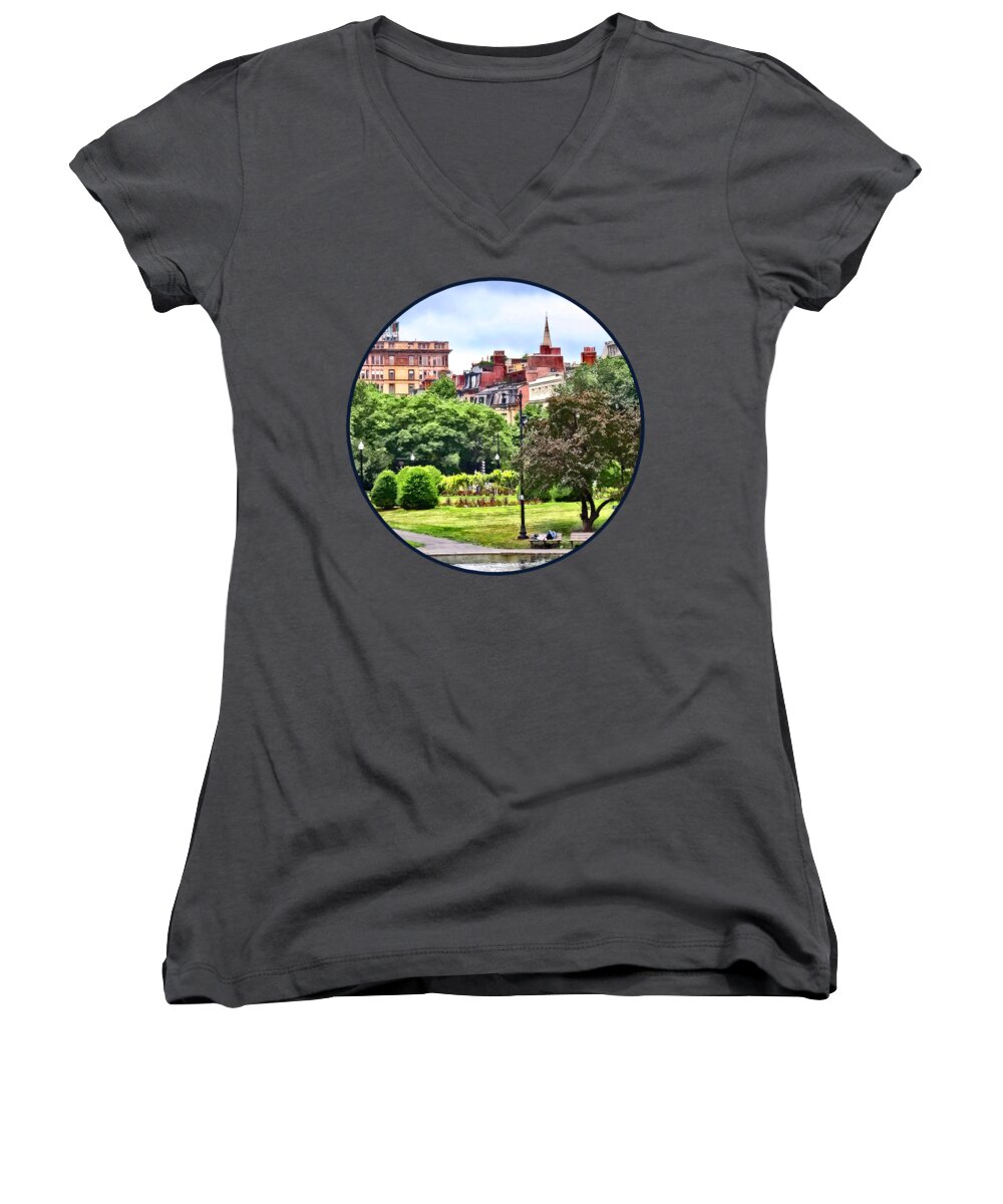 Boston Women's V-Neck featuring the photograph Boston MA - Relaxing in Boston Public Garden by Susan Savad