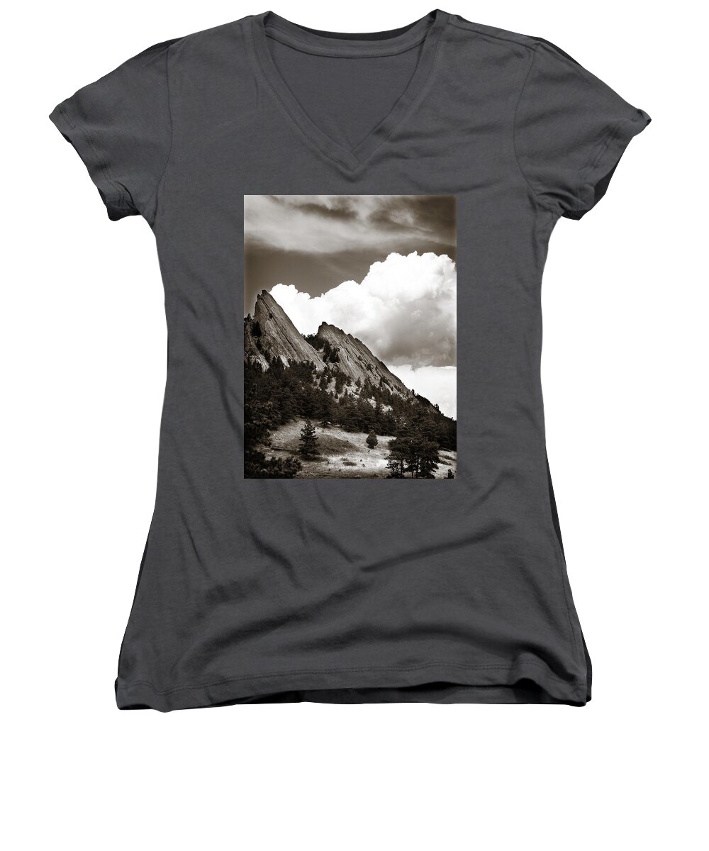 Flatirons Women's V-Neck featuring the photograph Large Cloud Over Flatirons by Marilyn Hunt