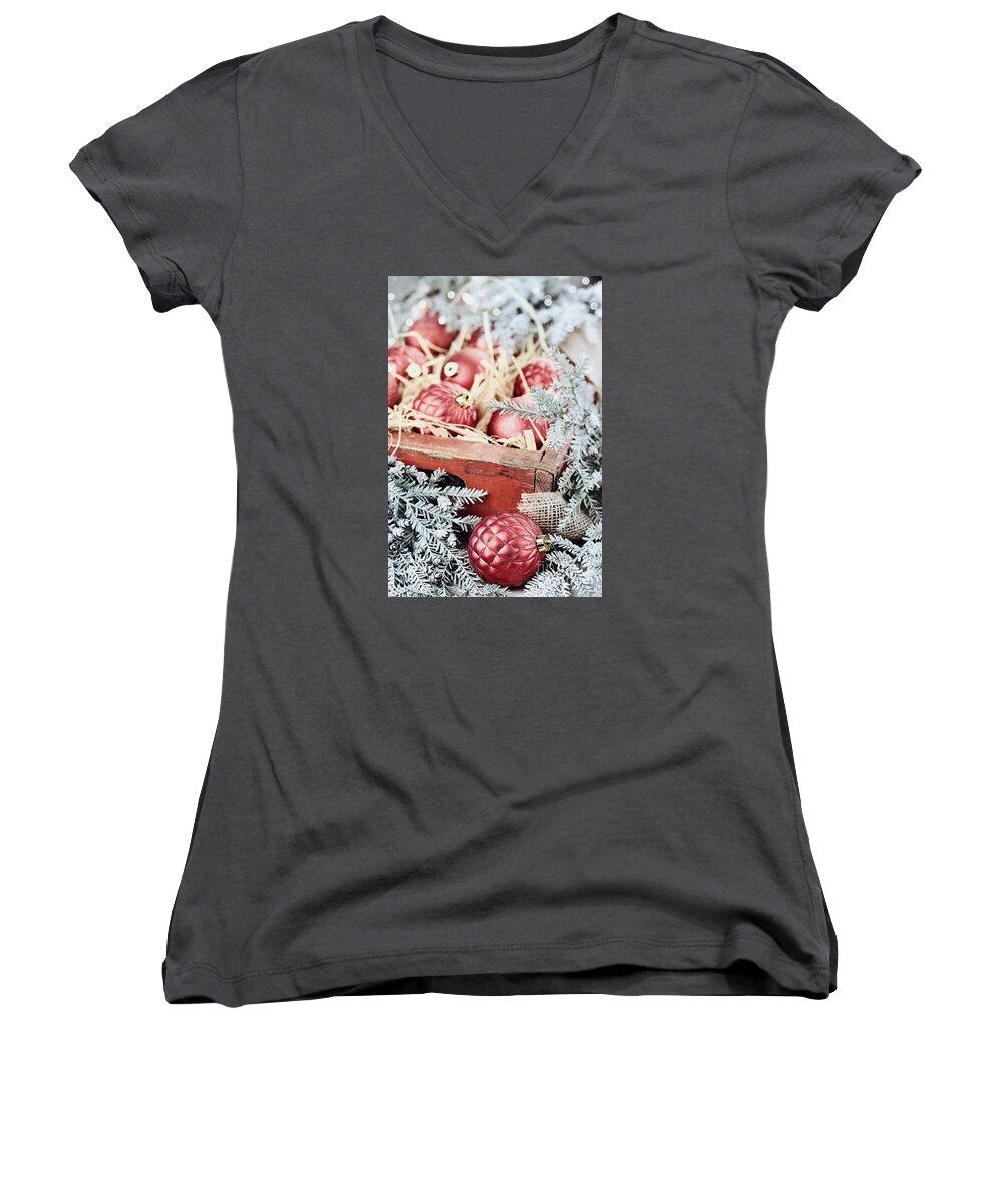 Christmas Women's V-Neck featuring the photograph Box of Glass Christmas Ornaments by Stephanie Frey