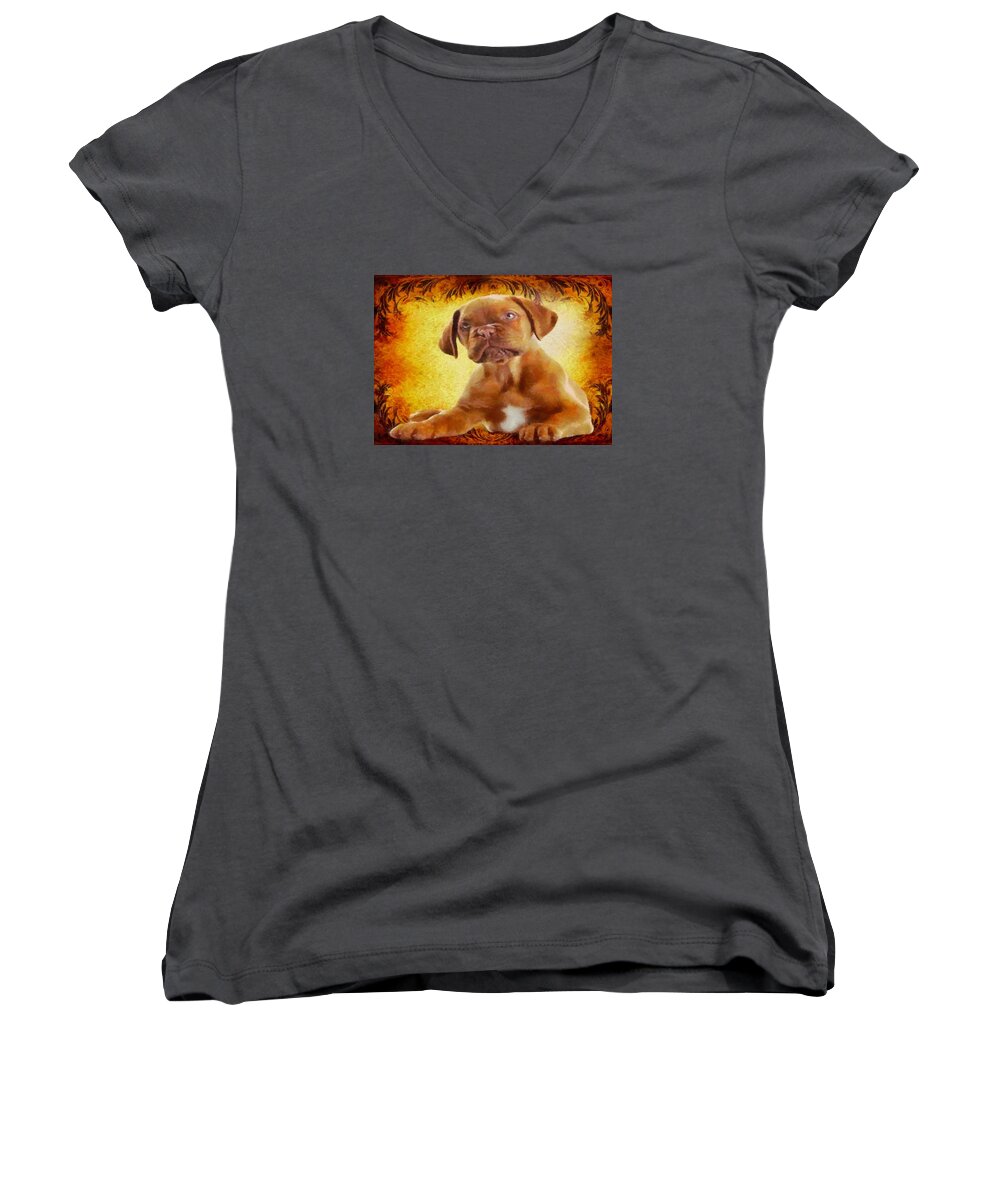 Puppy Women's V-Neck featuring the digital art Boxer Puppy by Charmaine Zoe