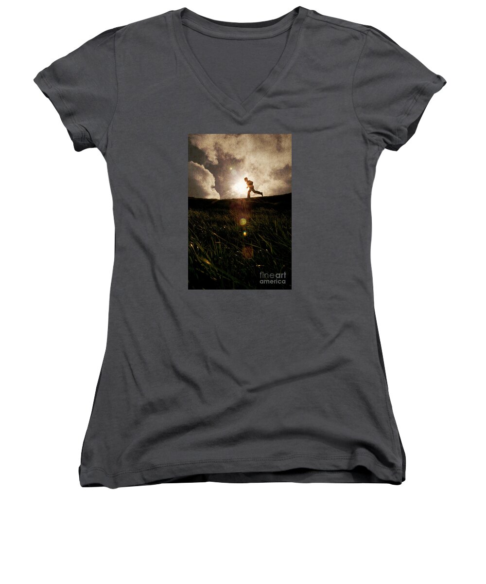 Boy Women's V-Neck featuring the photograph Boy running by Clayton Bastiani