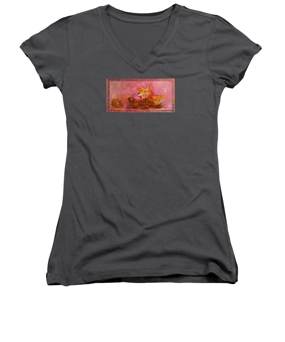 Folk Tale Women's V-Neck featuring the painting Bre Fox and Bre Crow by Gertrude Palmer