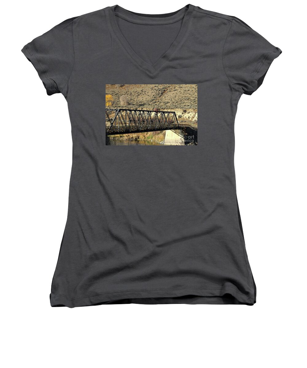 Thompson River Women's V-Neck featuring the photograph Bridge Over The Thompson by Ann E Robson