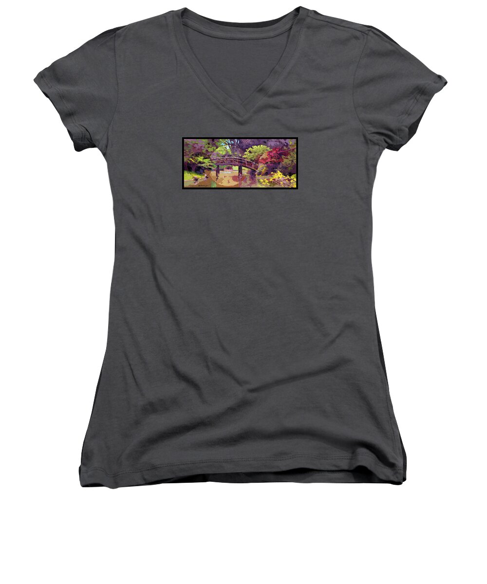 Bridge Women's V-Neck featuring the painting Bridge to Nowhere by John Lautermilch