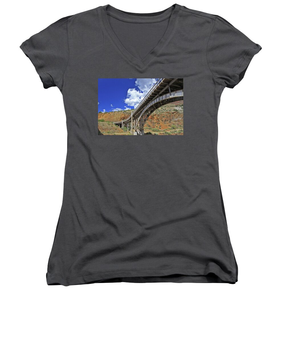 Bridge Women's V-Neck featuring the photograph Bridge to Yesteryear by Gary Kaylor