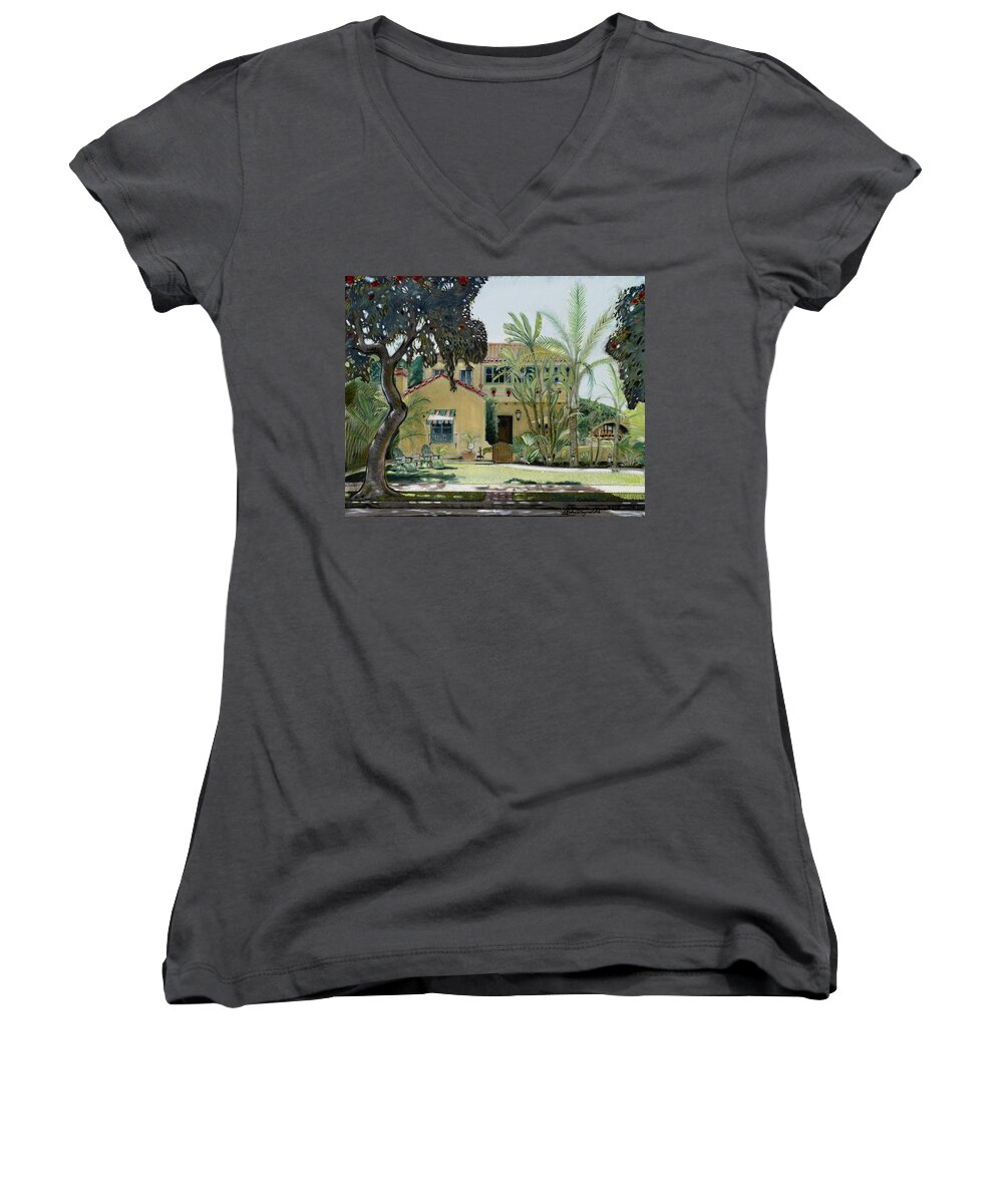 Yellow House Women's V-Neck featuring the painting Bright and Sunny by John Reynolds