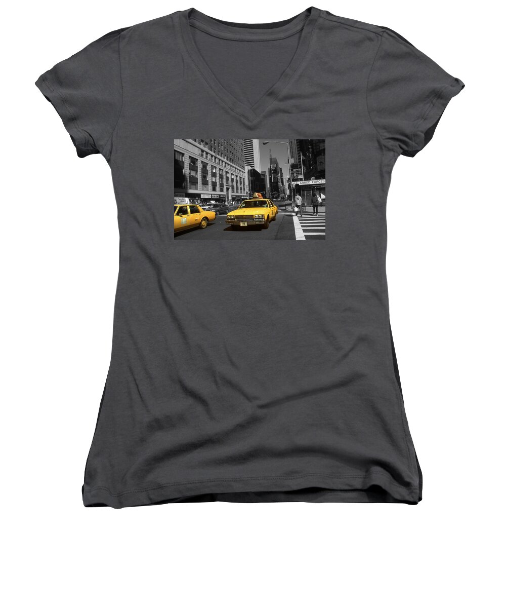 New+york Women's V-Neck featuring the photograph New York Yellow Taxi Cabs - Highlight Photo by Peter Potter