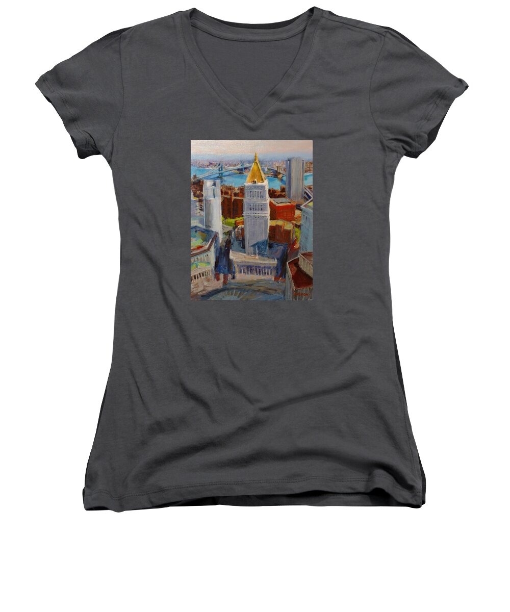 New York Women's V-Neck featuring the painting Brooklyn and East River Bridges from Foley Square by Peter Salwen