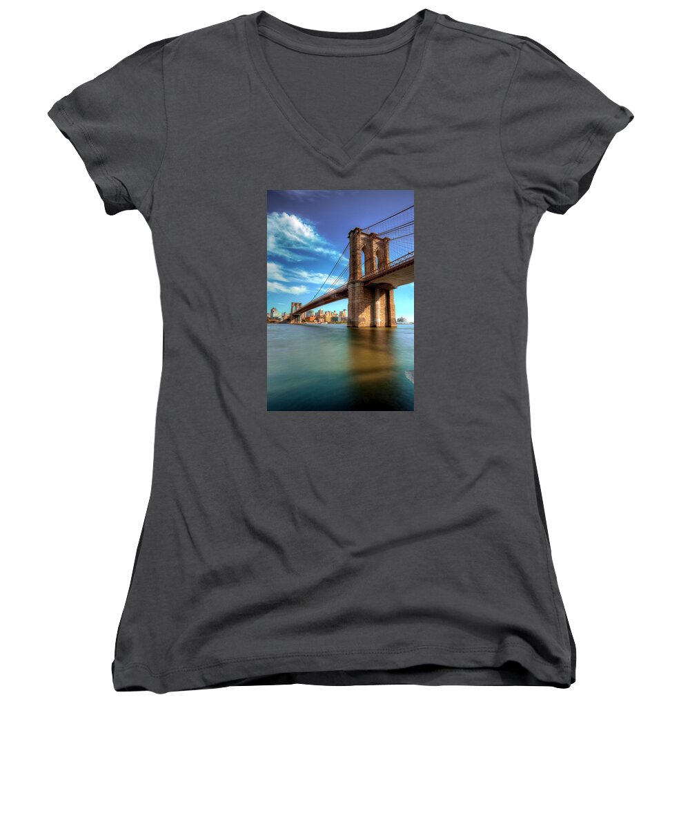 Brooklyn Bridge New York City Landmark History High Dynamic Range Long Slow Shutter Canon 6d Women's V-Neck featuring the photograph Brooklyn Bridge by Paul Watkins