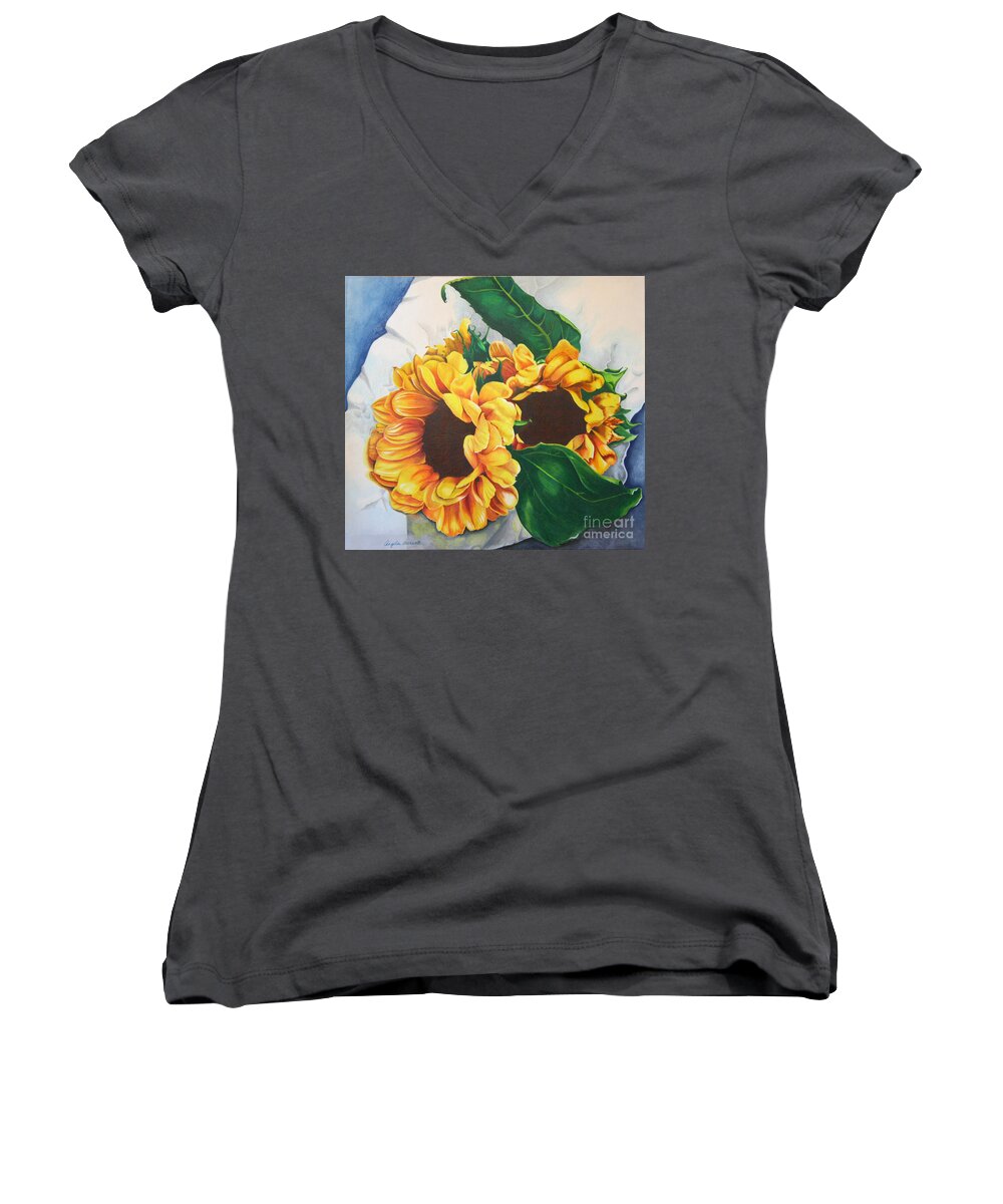 Sunflowers Women's V-Neck featuring the painting Brooklyn Sun by Angela Armano