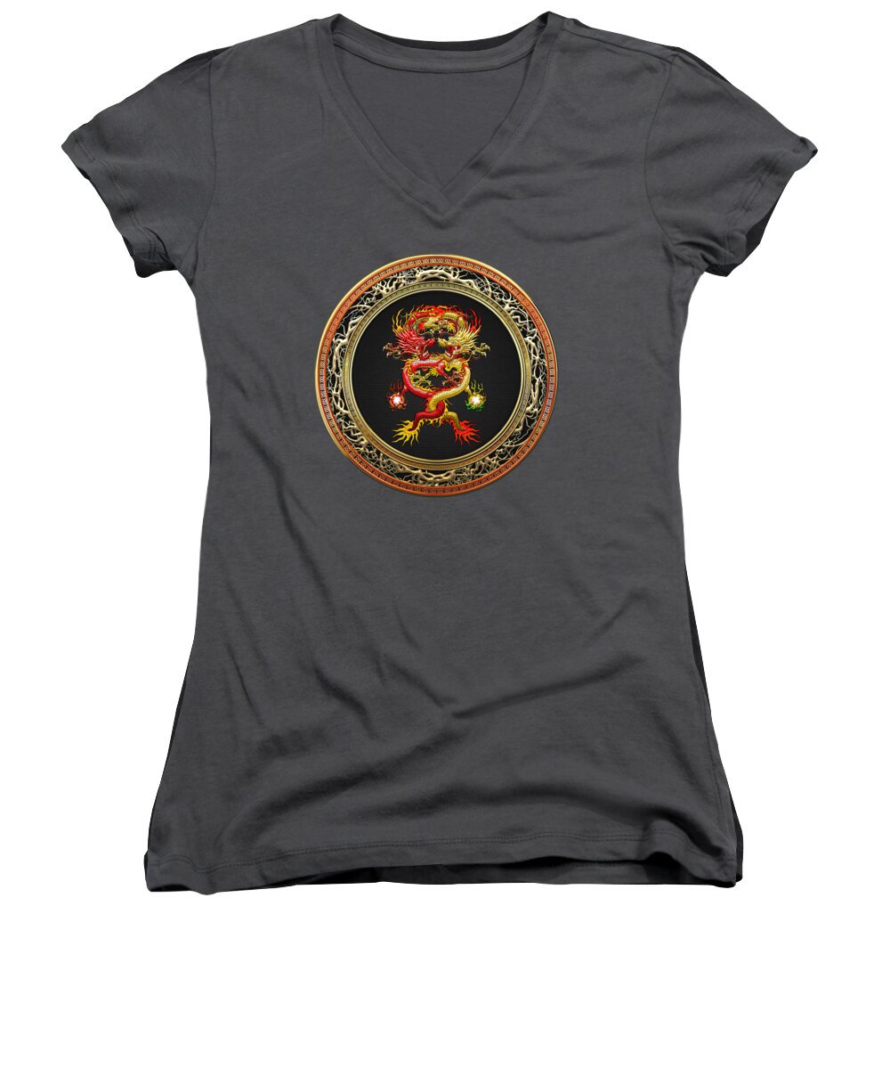 'treasure Trove' Collection By Serge Averbukh Women's V-Neck featuring the digital art Brotherhood of the Snake - The Red and The Yellow Dragons on Red Velvet by Serge Averbukh