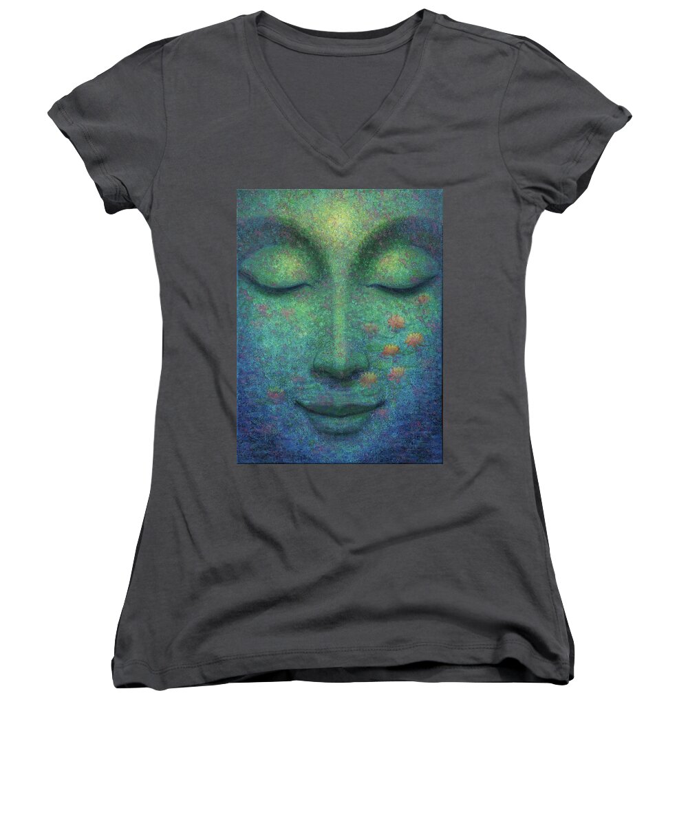 Buddha Women's V-Neck featuring the painting Buddha Smile by Sue Halstenberg