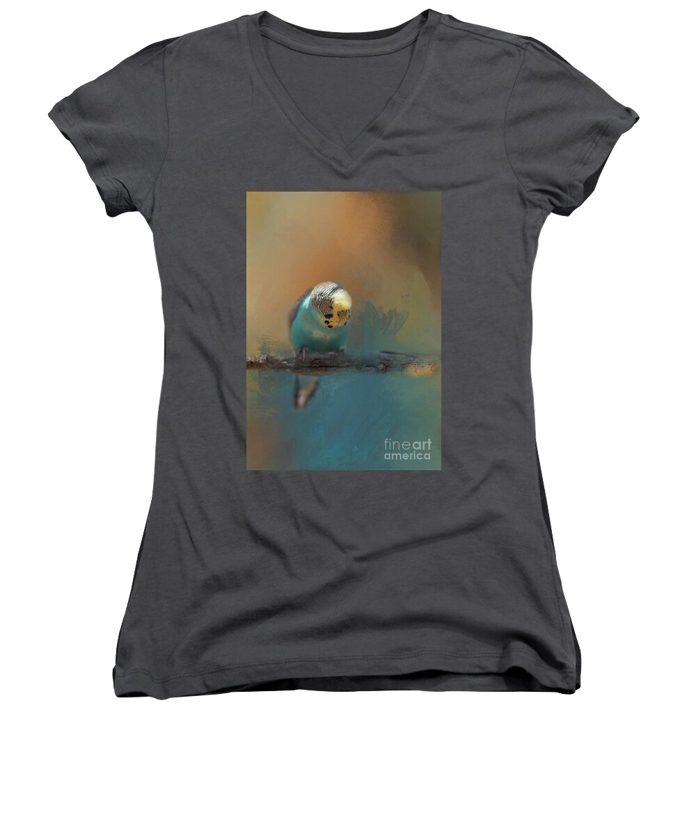 Budgerigar Women's V-Neck featuring the photograph Budgie in the Morning Light by Eva Lechner