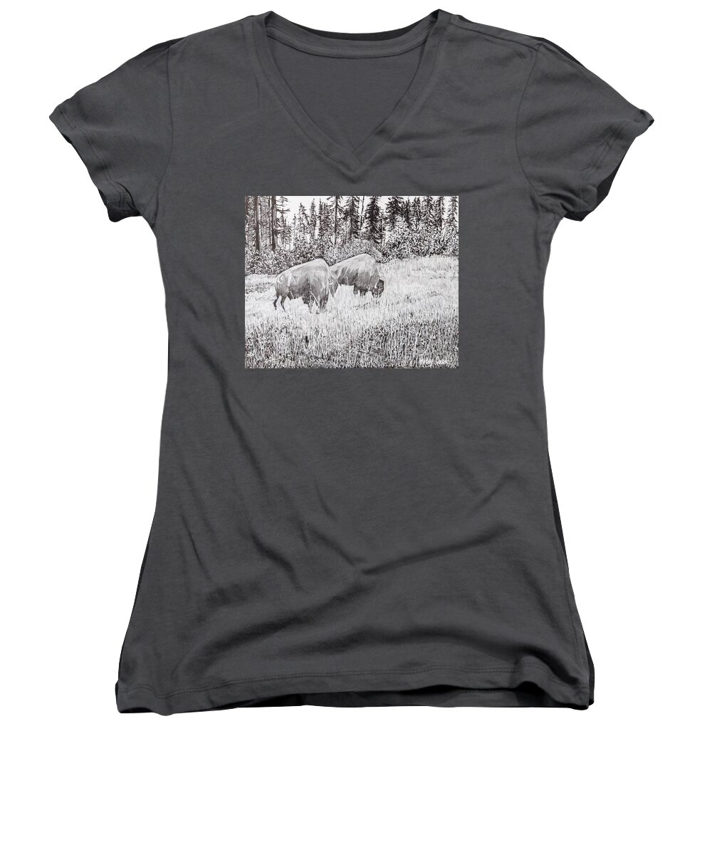Pen And Ink Women's V-Neck featuring the drawing Buffalo by Betsy Carlson Cross