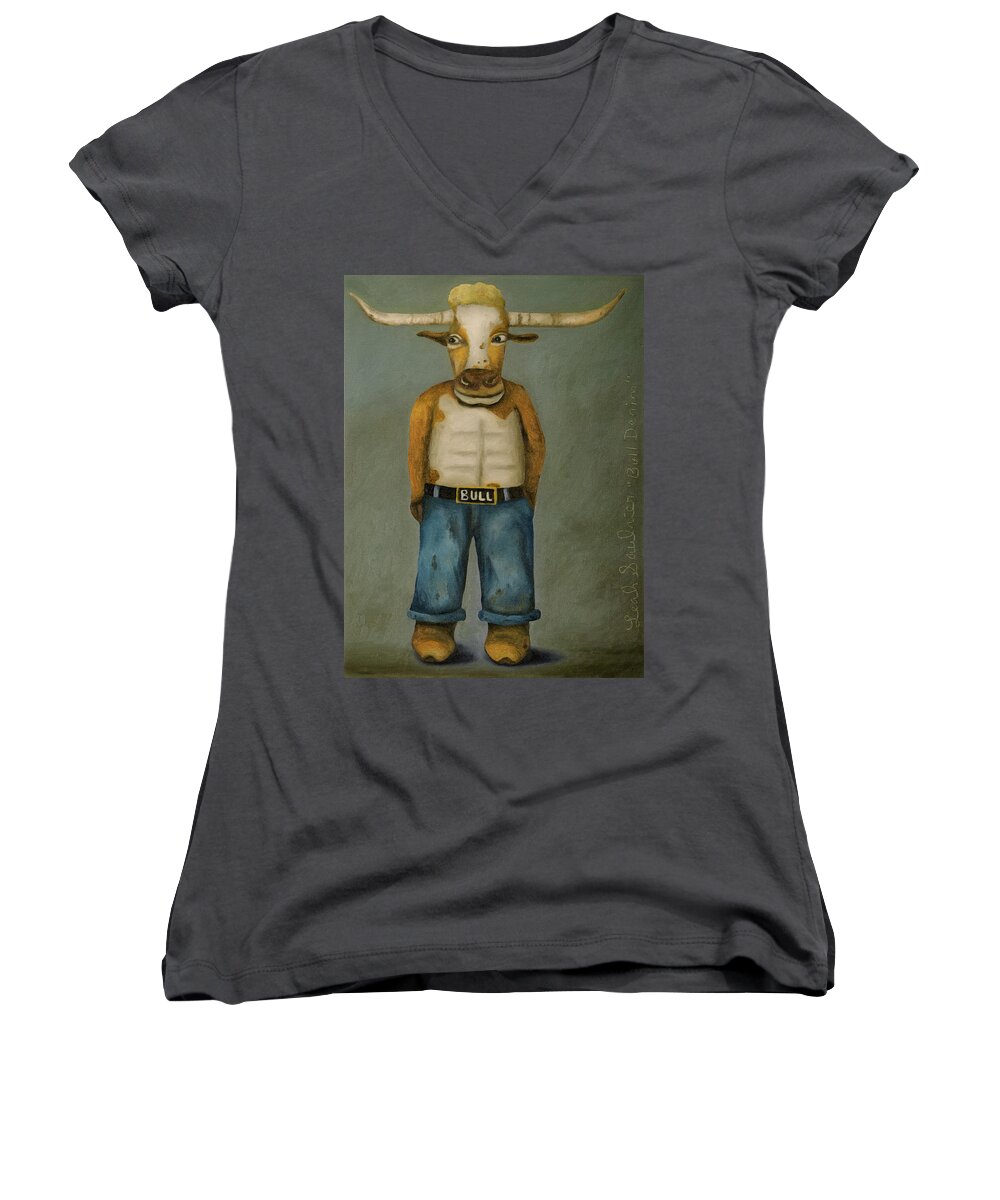 Bull Women's V-Neck featuring the painting Bull Denim by Leah Saulnier The Painting Maniac