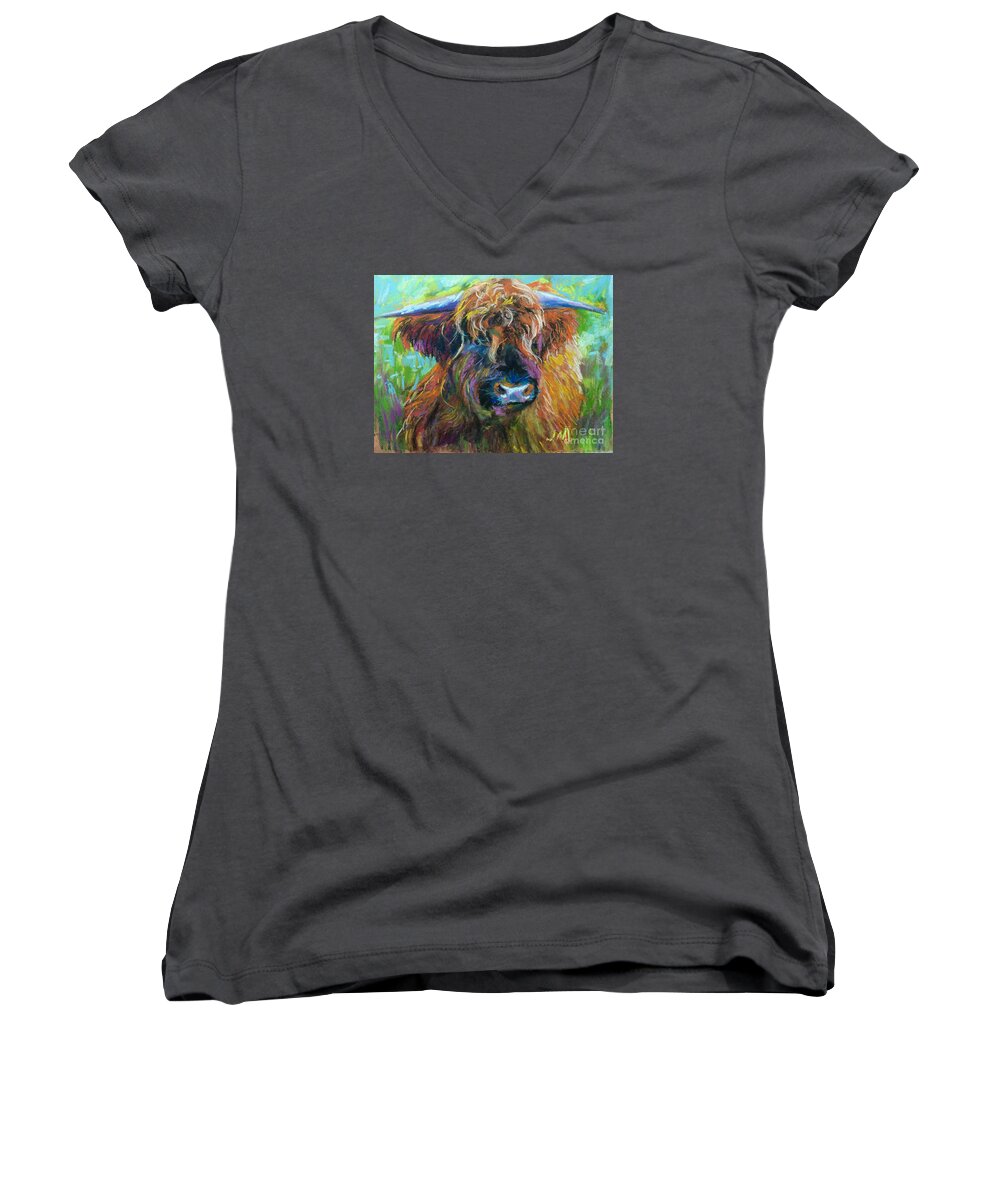 Bull Women's V-Neck featuring the painting Bull by Jieming Wang