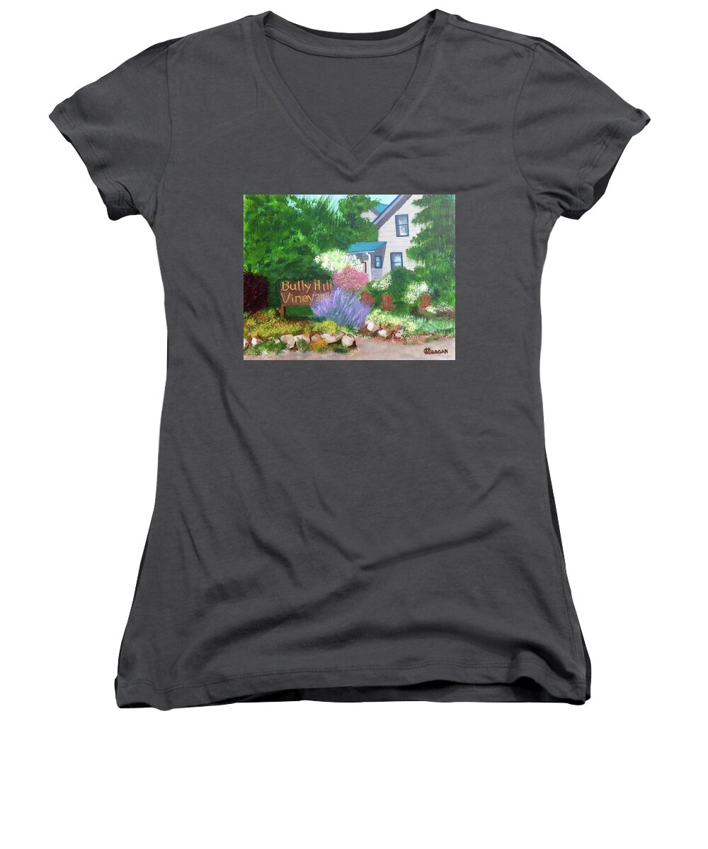 Bully Hill Sign Women's V-Neck featuring the painting Bully Hill Vineyard by Cynthia Morgan