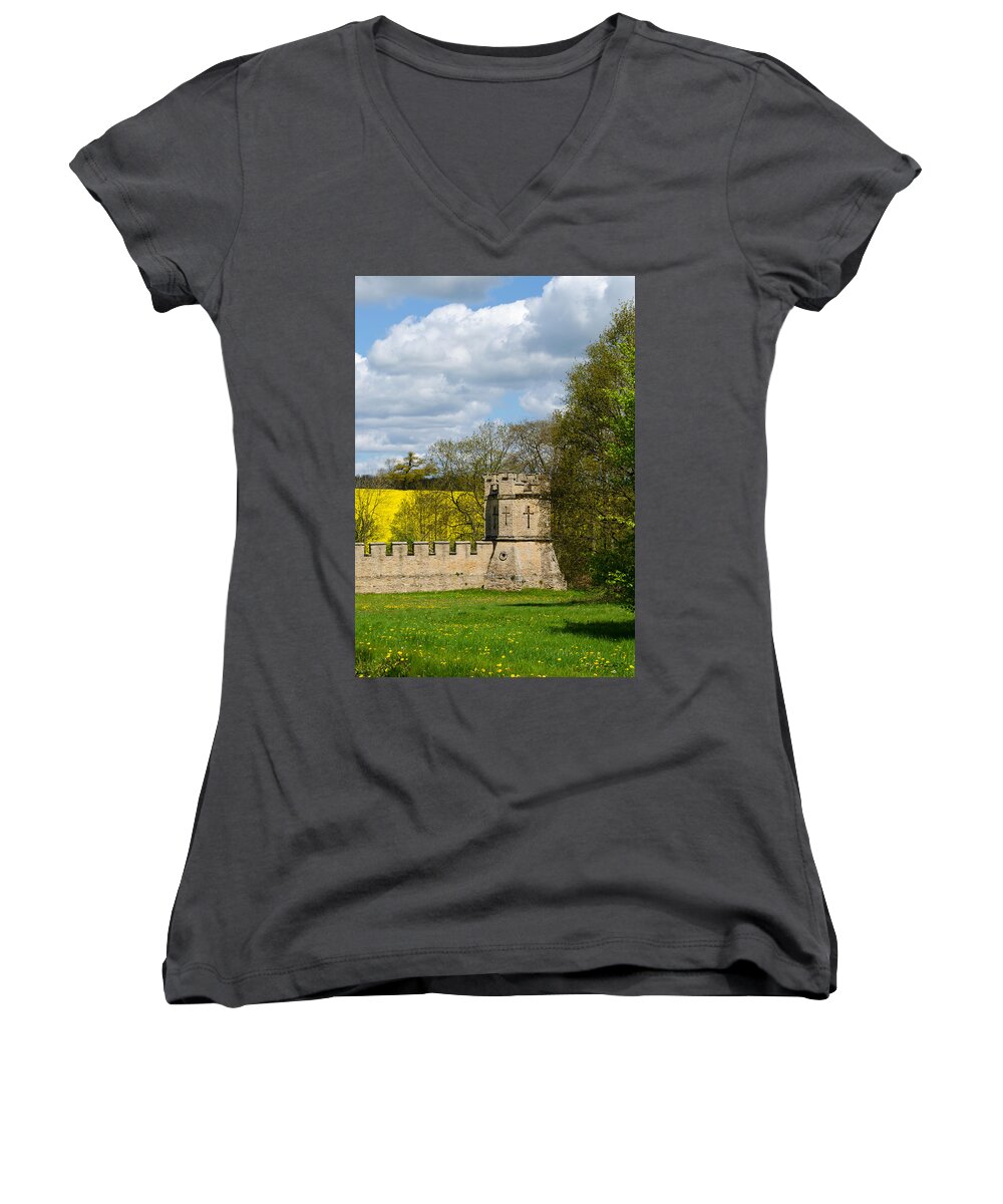 Stone Wall Women's V-Neck featuring the photograph Burghley House Fortifications by Shanna Hyatt