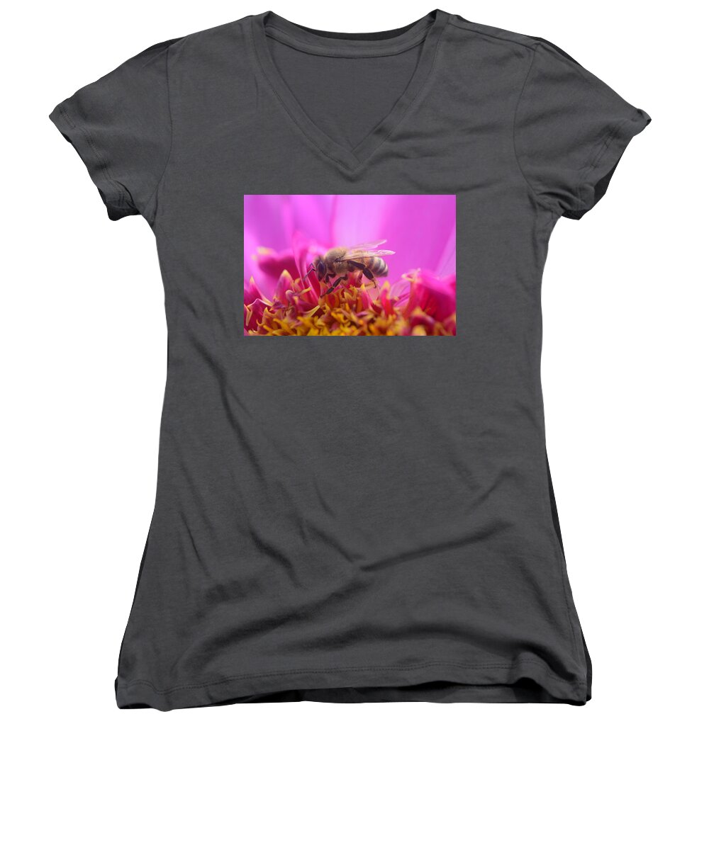 Busy Bee Women's V-Neck featuring the photograph Busy Bee by Bonnie Bruno