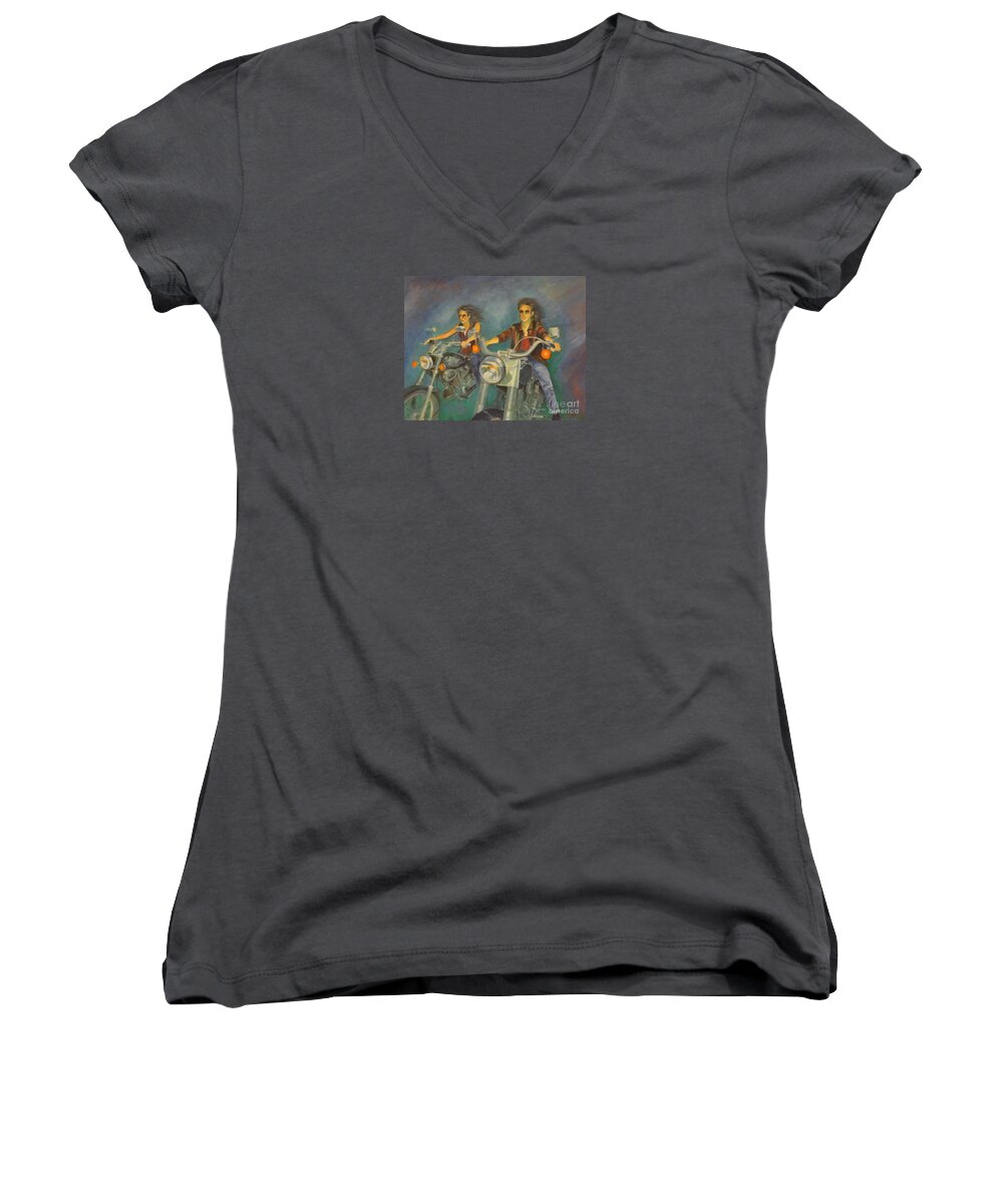 Motorbykes Women's V-Neck featuring the painting Byker by Dagmar Helbig