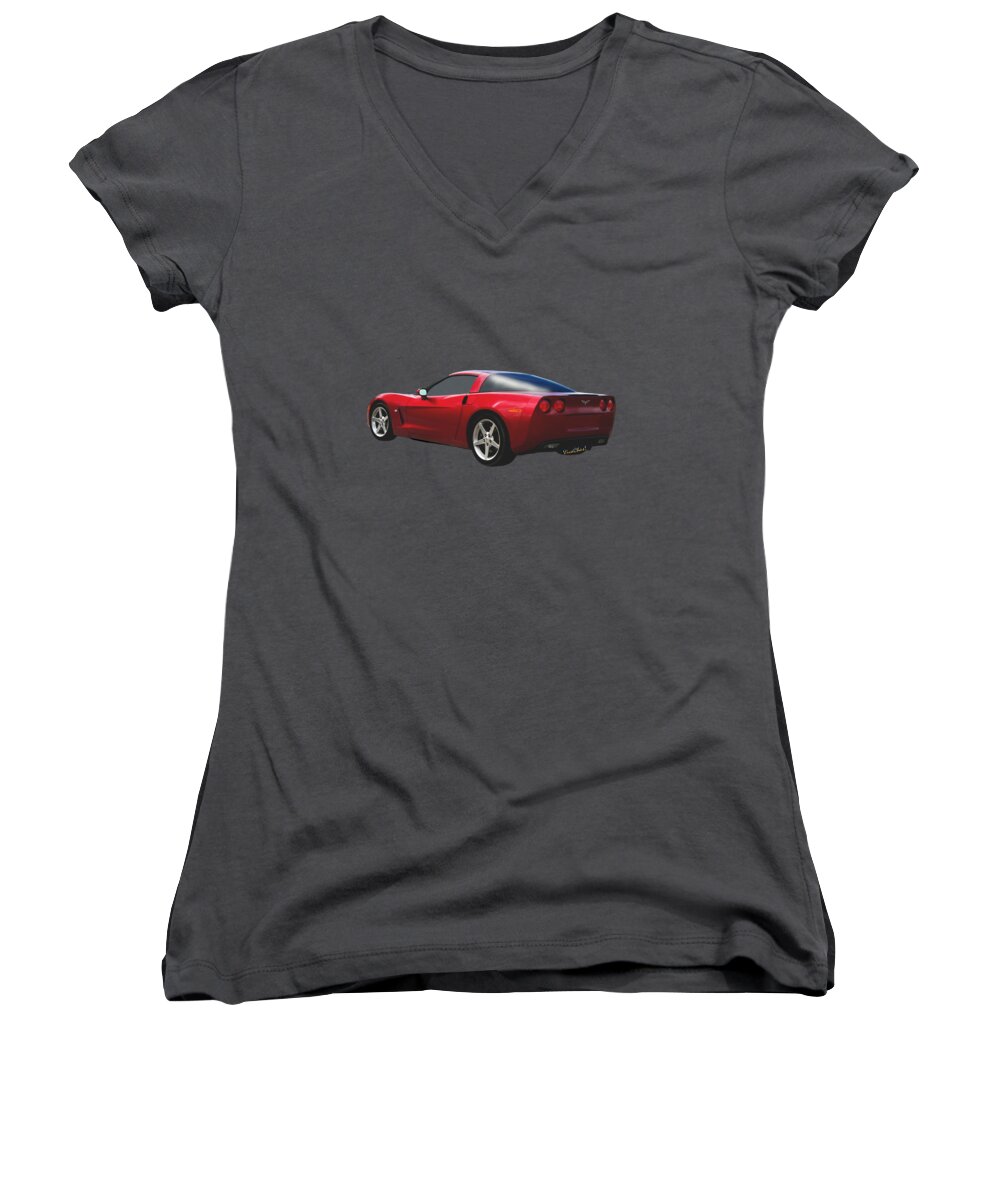 Chevrolet Women's V-Neck featuring the digital art C-6 Corvette and the Cosmos by Chas Sinklier