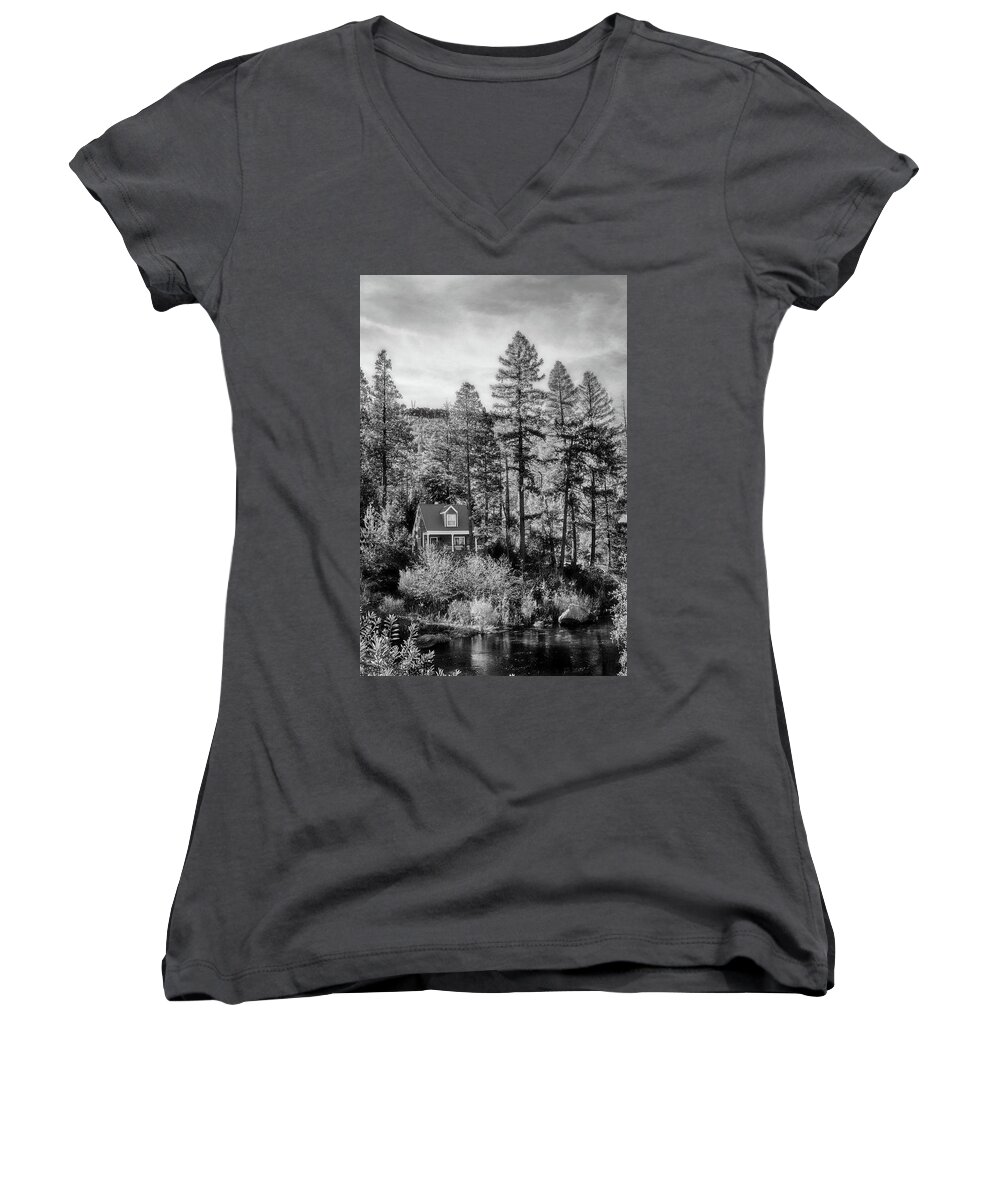 Cabin Women's V-Neck featuring the photograph Cabin In The Woods BW by Sennie Pierson