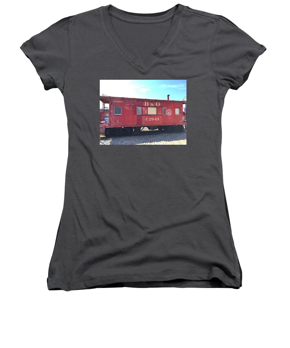 Train Women's V-Neck featuring the photograph Caboose by Chris Montcalmo