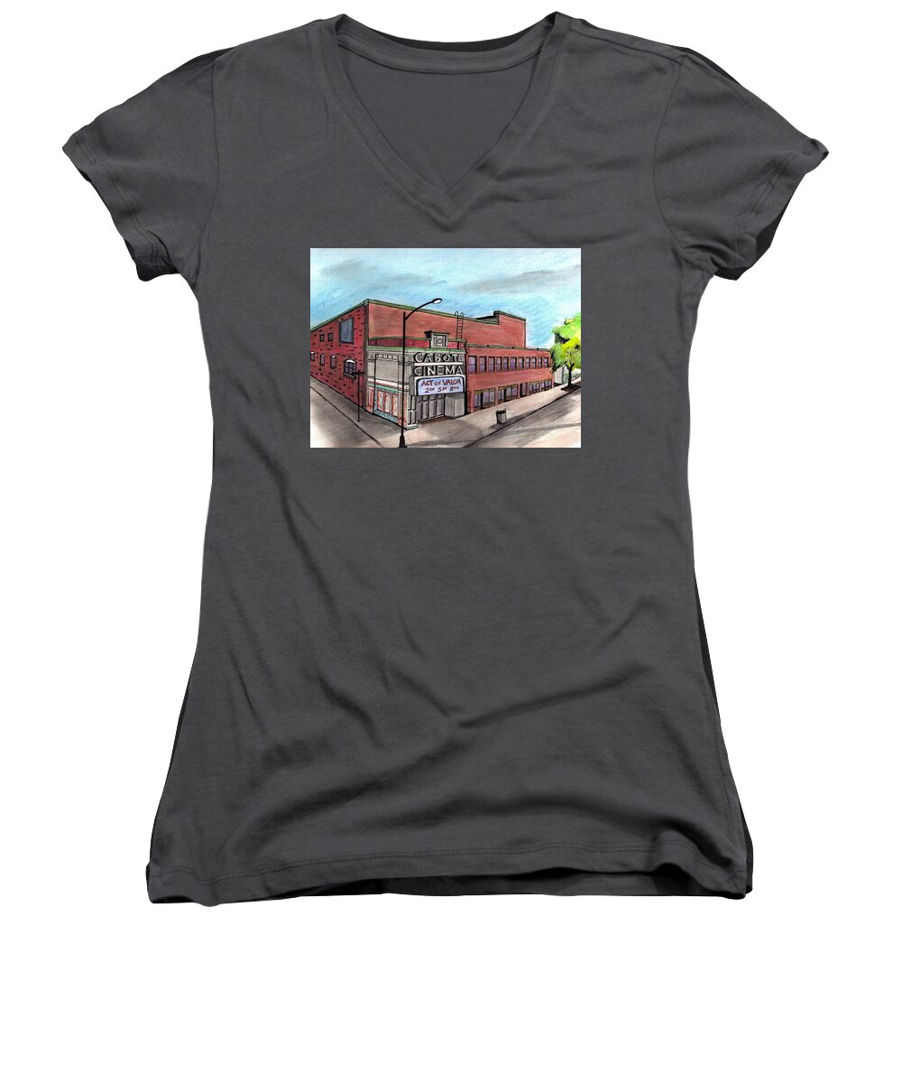 Old Thaeters Women's V-Neck featuring the drawing Cabot Cinema Beverly by Paul Meinerth